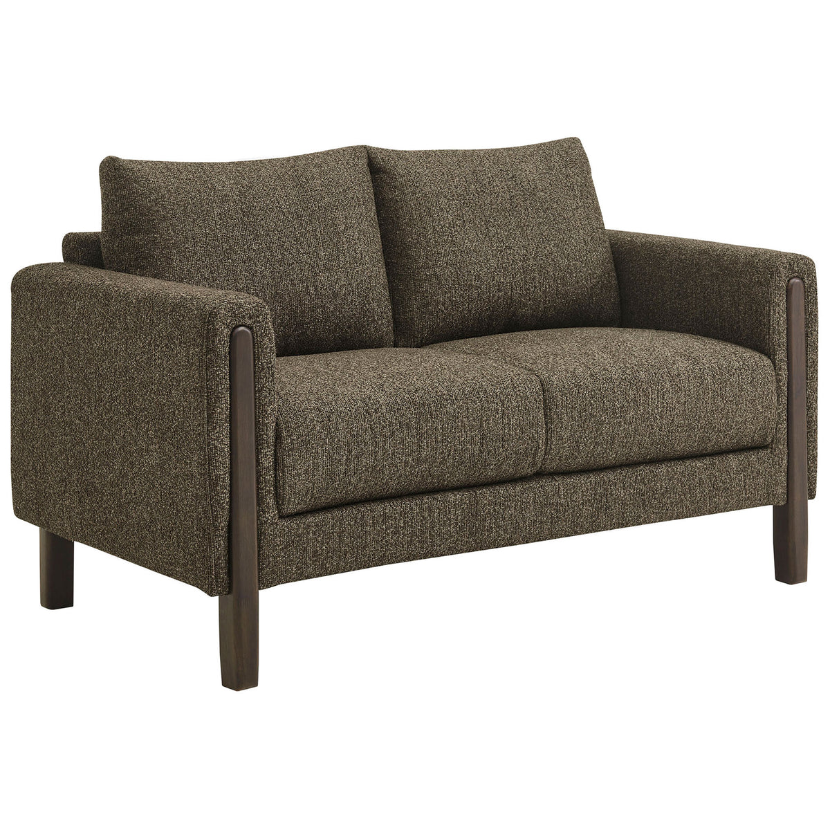 Textured antique espresso boucle loveseat with slim wood legs and gently sloped arms for modern, cozy seating || EEI-7460-ATQ-ESP || front_angle_studio
