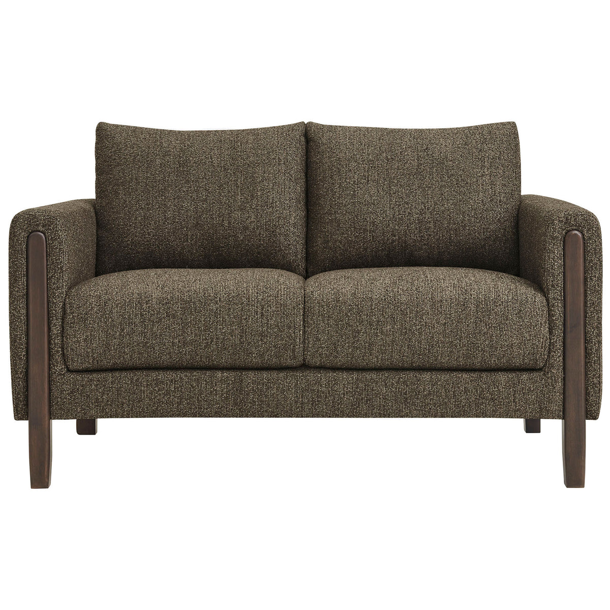 Hawken boucle loveseat in antique espresso with wide seat, plush back cushions, and warm solid wood legs || EEI-7460-ATQ-ESP || front_studio