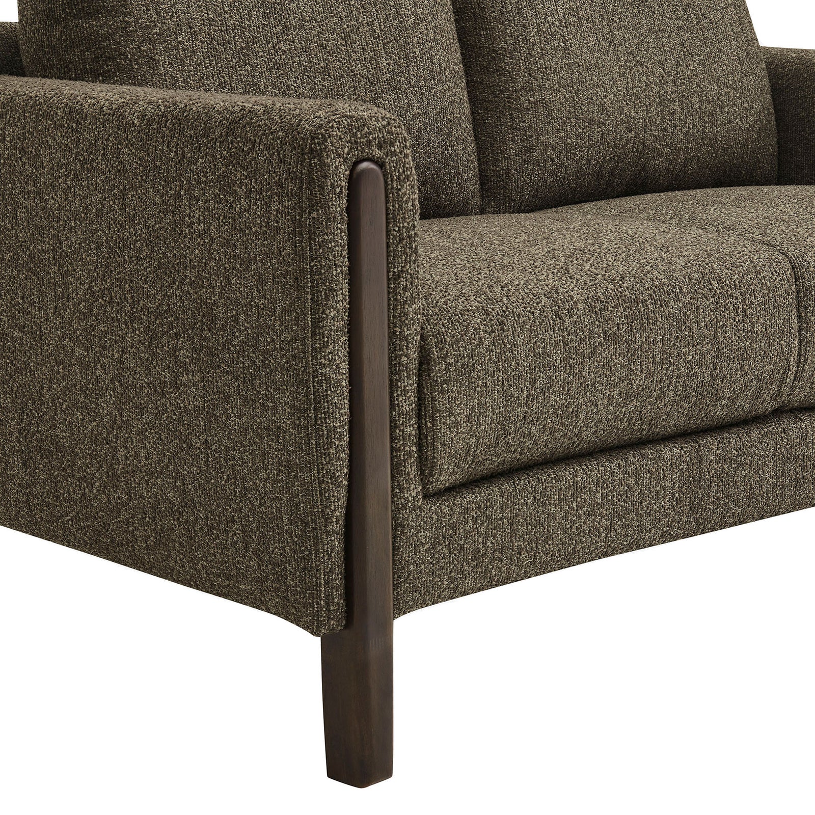 Arm design features exposed solid wood post accent and richly textured antique espresso boucle upholstery || EEI-7460-ATQ-ESP || detail_studio