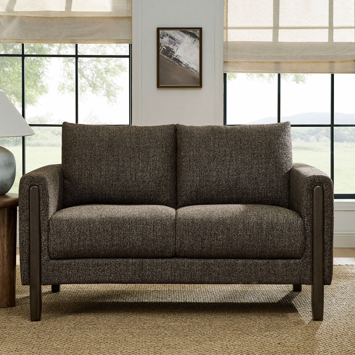 Hawken antique espresso boucle loveseat styled in a bright living room with jute rug and modern accents || EEI-7460-ATQ-ESP || front_room