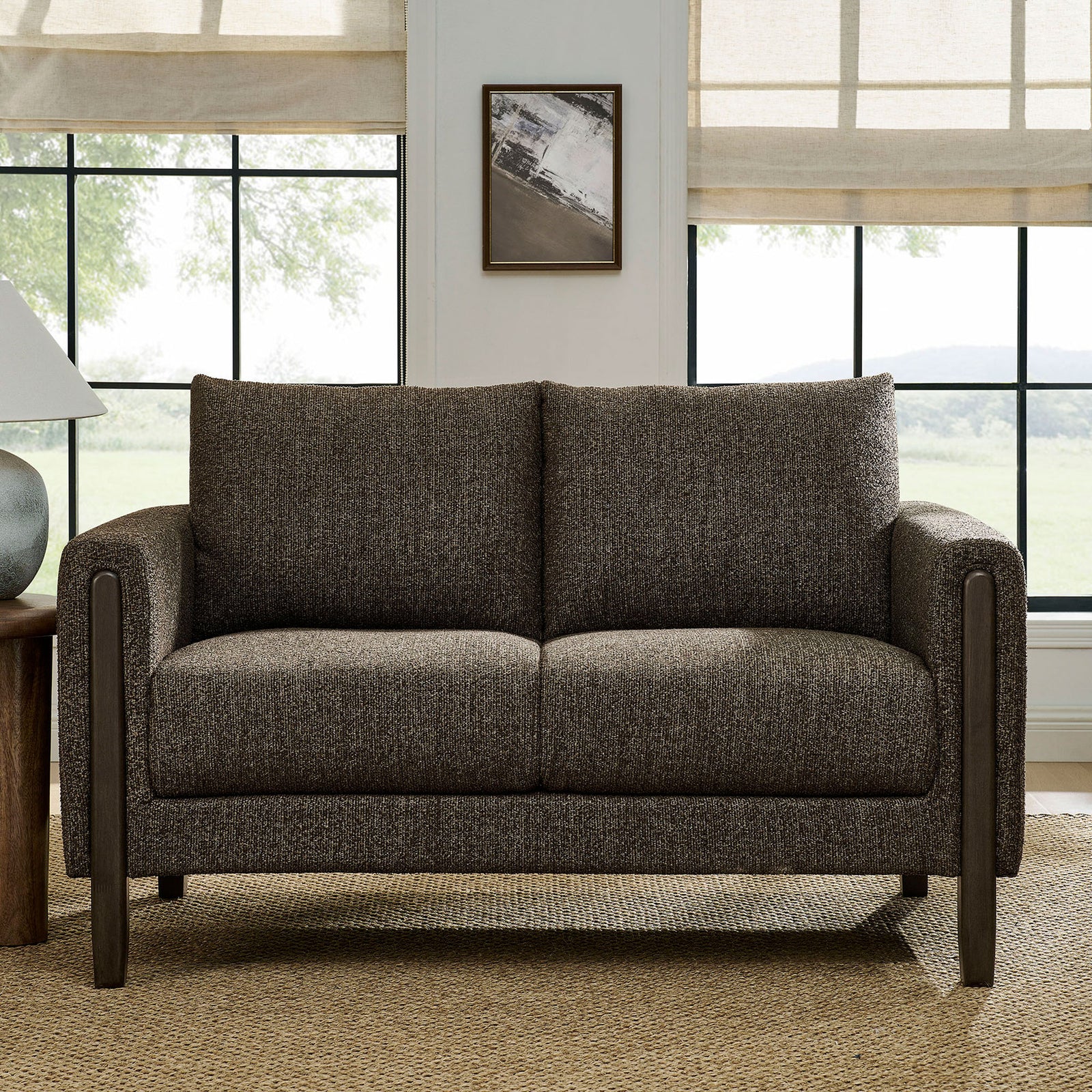 Hawken antique espresso boucle loveseat styled in a bright living room with jute rug and modern accents || EEI-7460-ATQ-ESP || front_room
