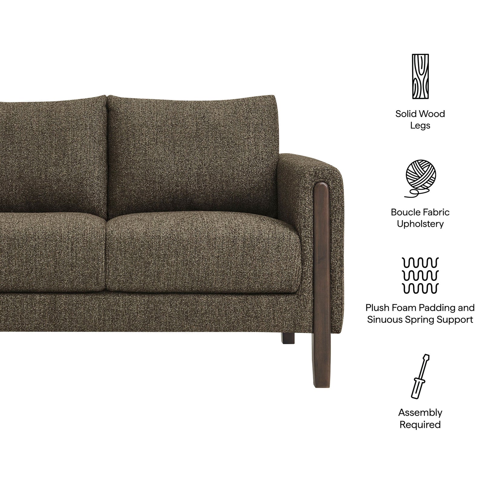 Boucle loveseat highlighting solid wood legs, plush foam cushions, sinuous spring support, and easy assembly || EEI-7460-ATQ-ESP || callout_studio