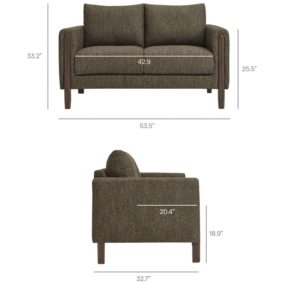 Loveseat dimensions showing overall width, depth, height, and generous seating area measurements || EEI-7460-ATQ-ESP || dimension_studio