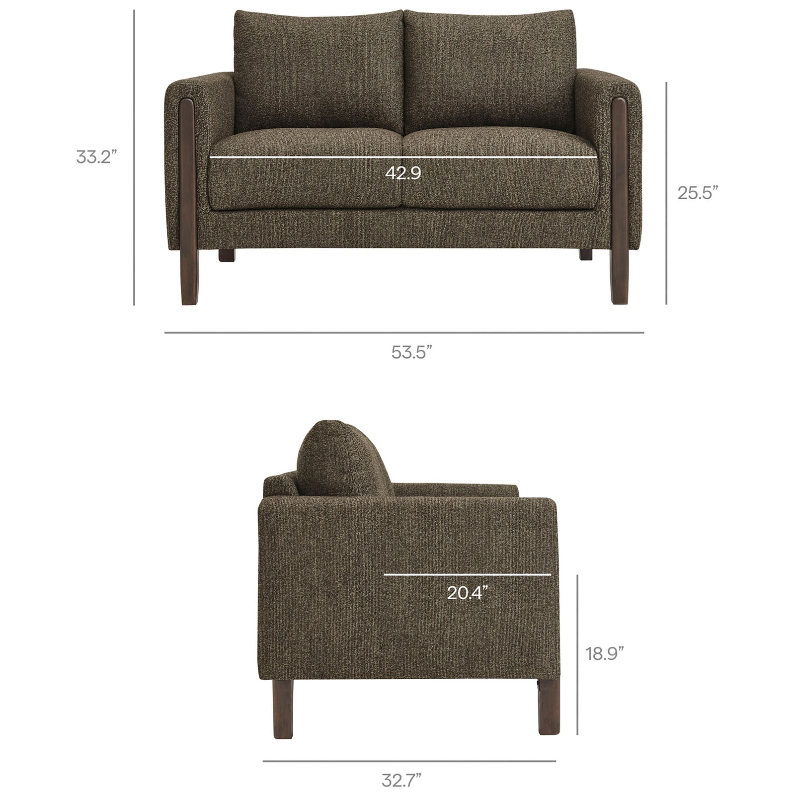 Loveseat dimensions showing overall width, depth, height, and generous seating area measurements || EEI-7460-ATQ-ESP || dimension_studio