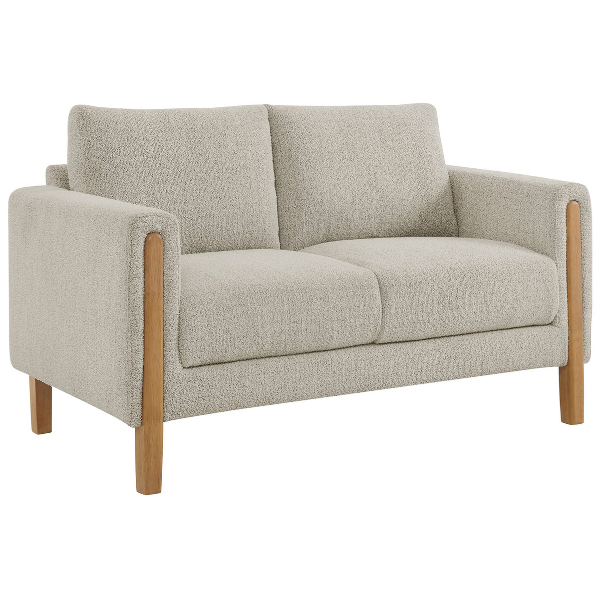 Curved arm loveseat in parchment boucle with deep seat and exposed beech wood legs || EEI-7460-PCH-BEE || front_angle_studio