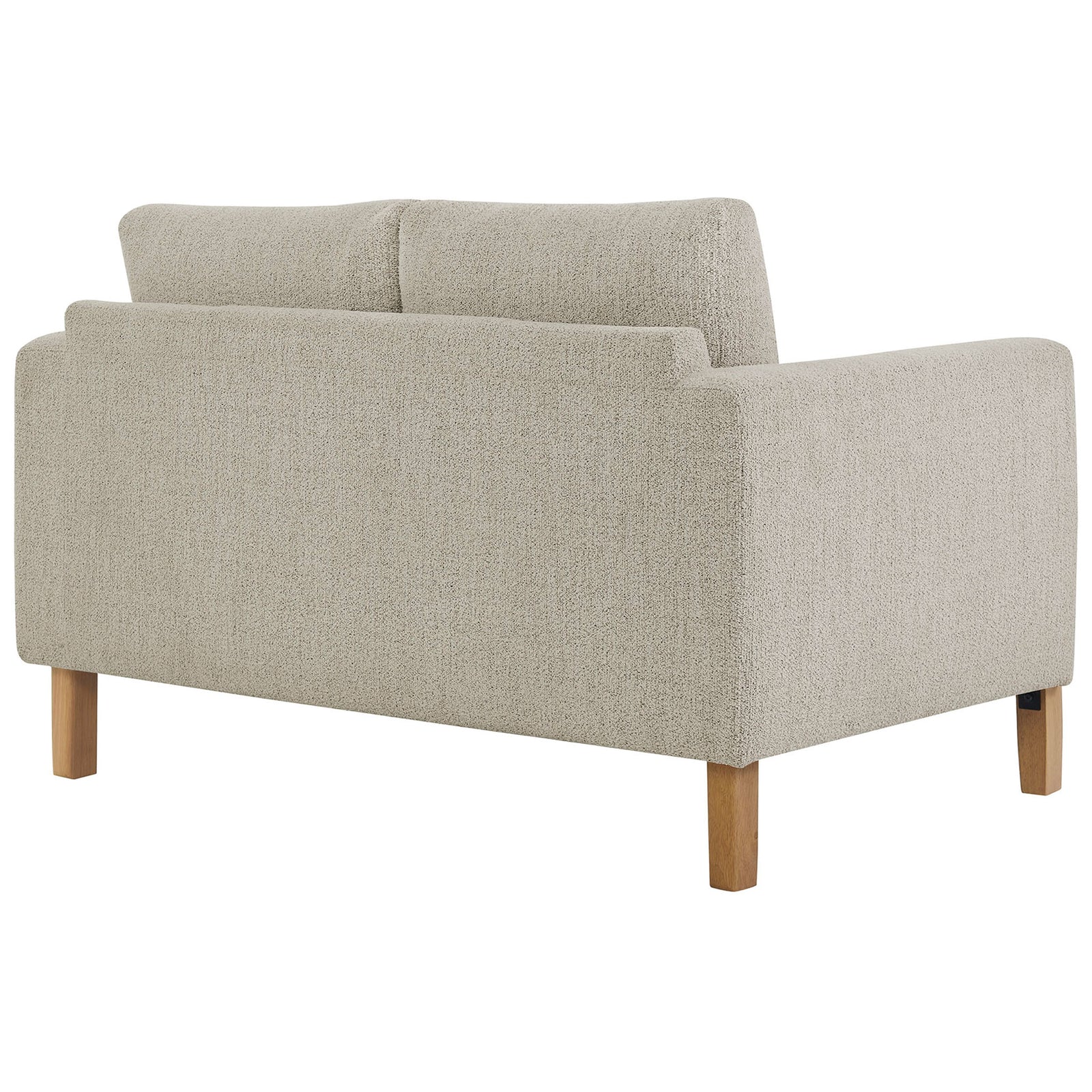 Fully upholstered boucle back and arms create a soft sculpted silhouette on this parchment loveseat || EEI-7460-PCH-BEE || back_angle_studio