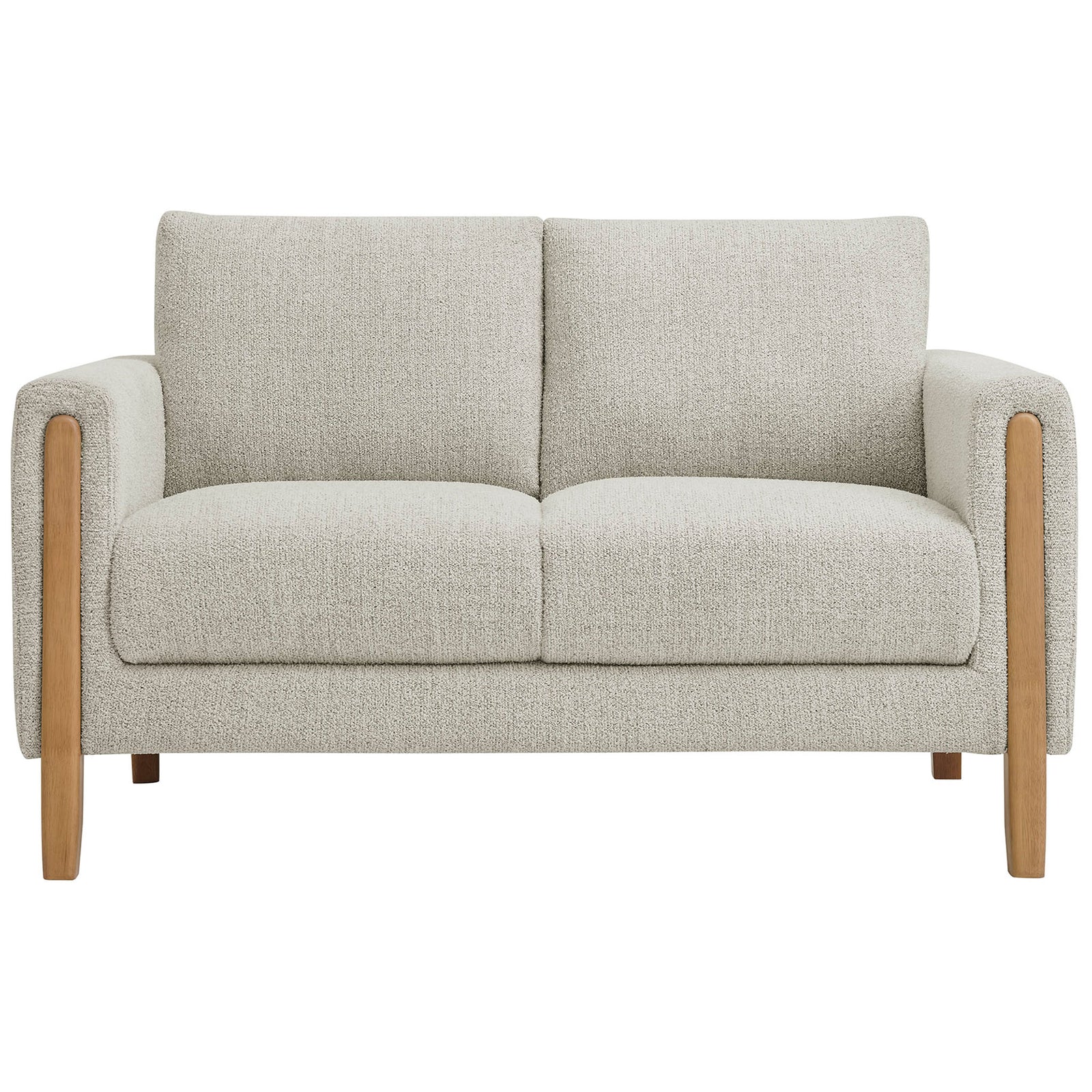 Parchment boucle loveseat with clean lines, plush cushions, and warm beech wood legs || EEI-7460-PCH-BEE || front_studio