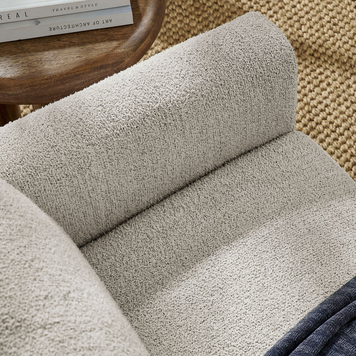 Soft boucle upholstery and generous cushioning invite relaxed lounging on this parchment loveseat || EEI-7460-PCH-BEE || swatch_room