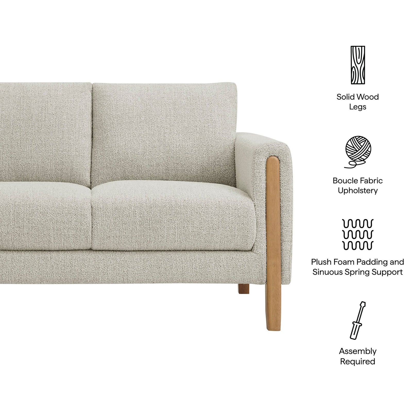 Feature icons highlight solid wood legs, boucle upholstery, plush foam, and sinuous spring support || EEI-7460-PCH-BEE || callout_studio