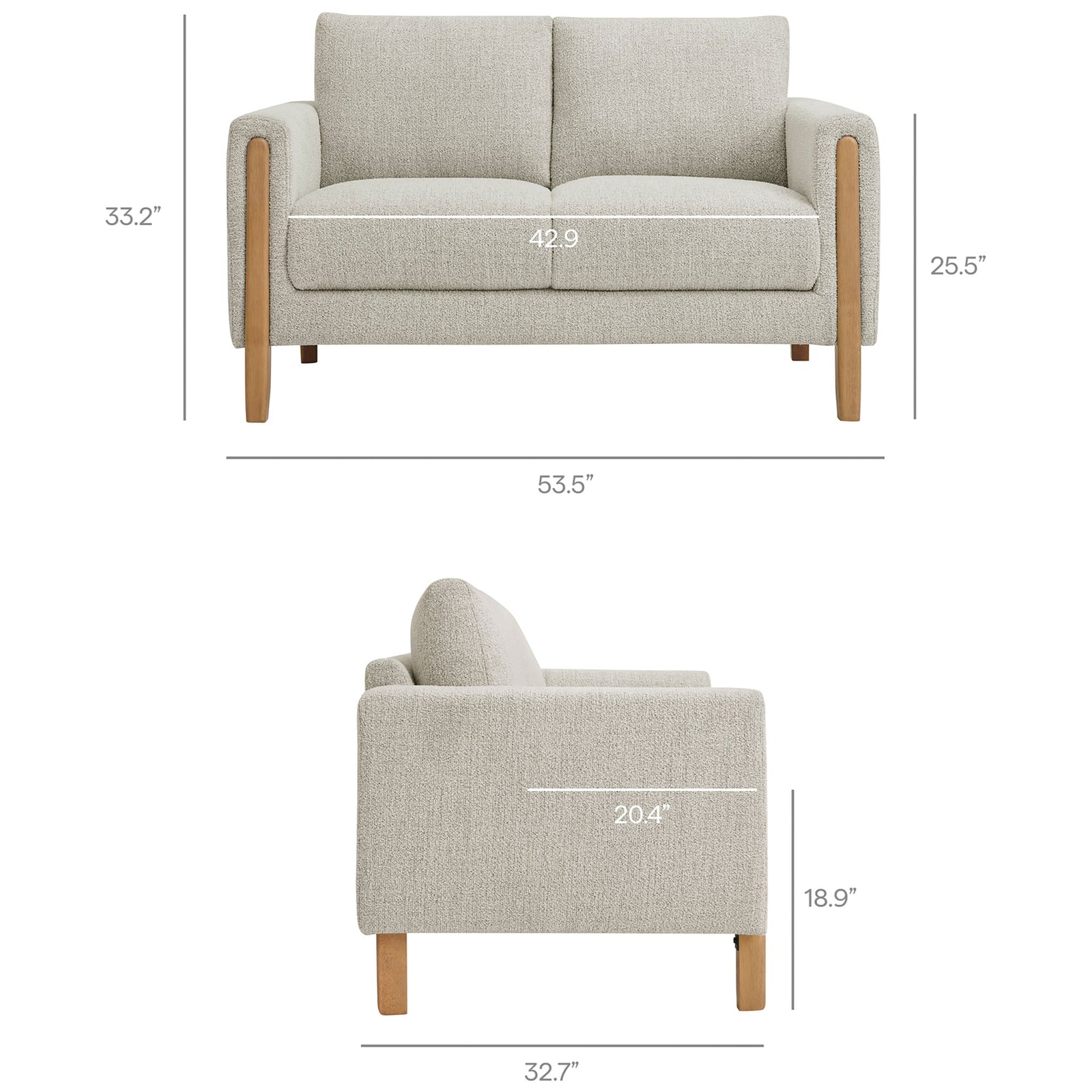 Dimension diagram details overall width, depth, height, and seat measurements for the Hawken loveseat || EEI-7460-PCH-BEE || dimension_studio