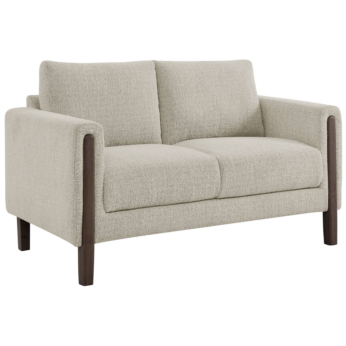 Parchment boucle loveseat with plush cushions, sloped arms, and espresso wood legs for modern warmth || EEI-7460-PCH-ESP || front_angle_studio