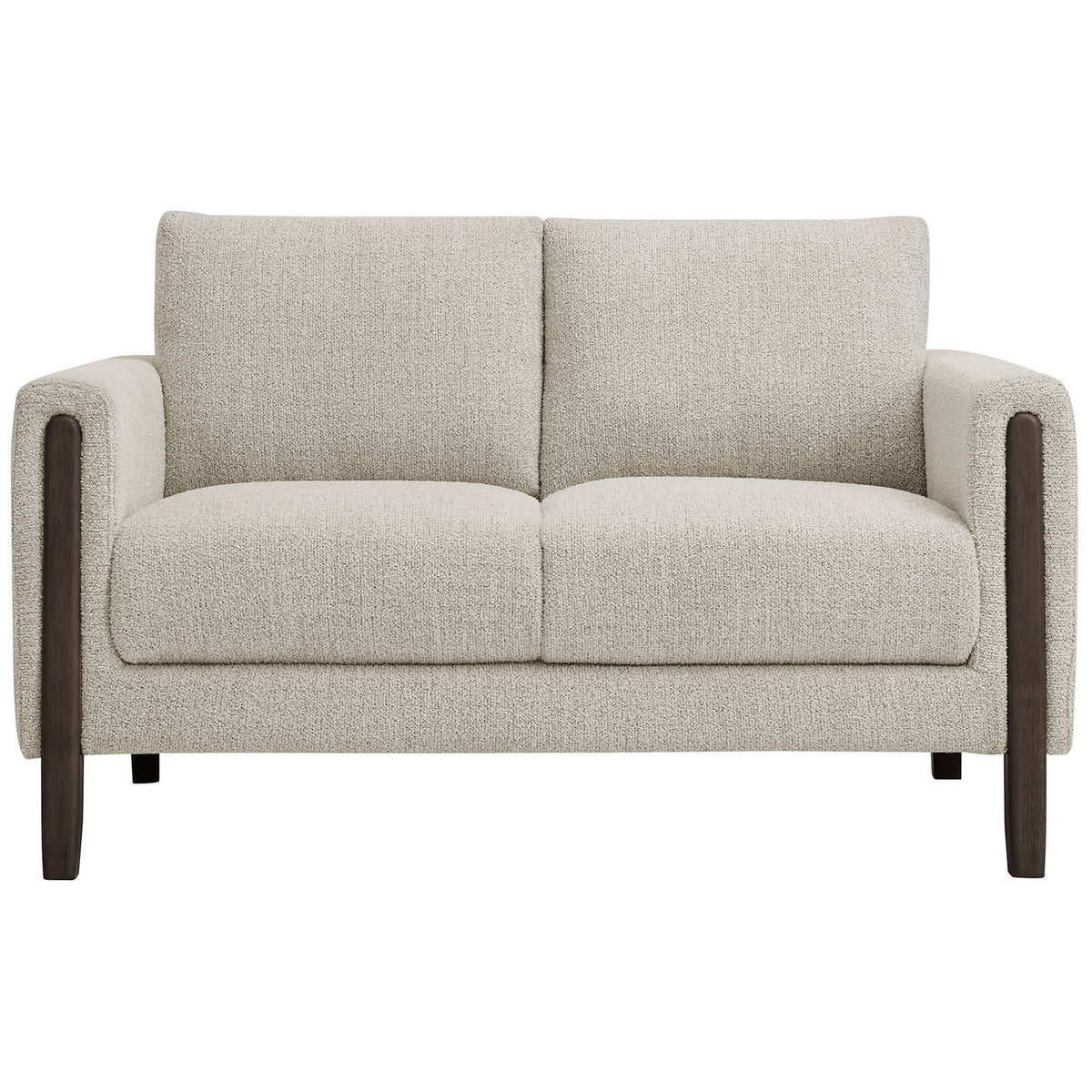 Compact boucle fabric loveseat with wide seat, plush back cushions, and warm espresso wood legs || EEI-7460-PCH-ESP || front_studio