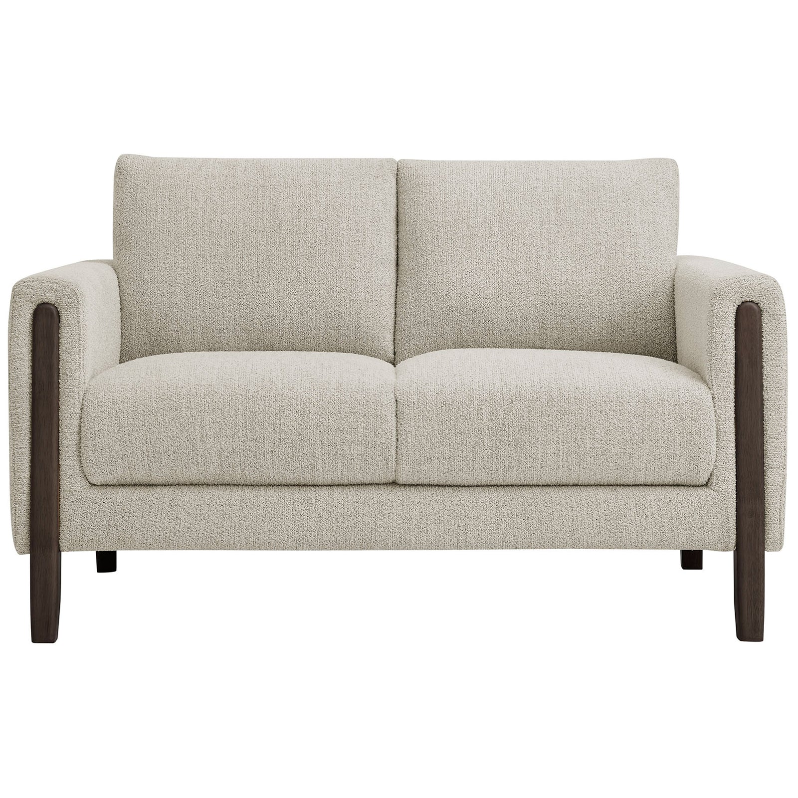 Compact boucle fabric loveseat with wide seat, plush back cushions, and warm espresso wood legs || EEI-7460-PCH-ESP || front_studio
