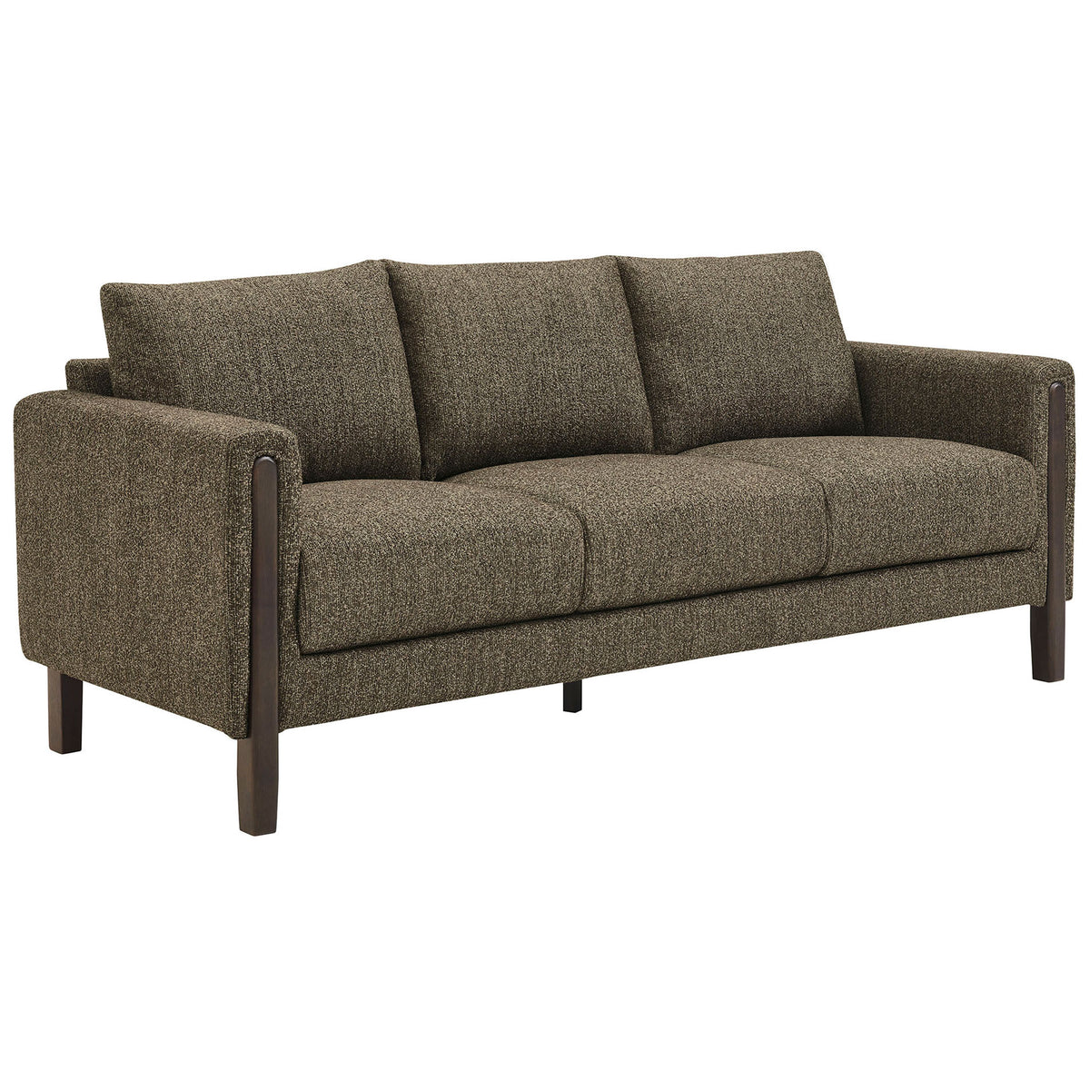 Antique espresso boucle sofa with plush three-seat cushions and warm solid wood legs || EEI-7461-ATQ-ESP || front_angle_studio