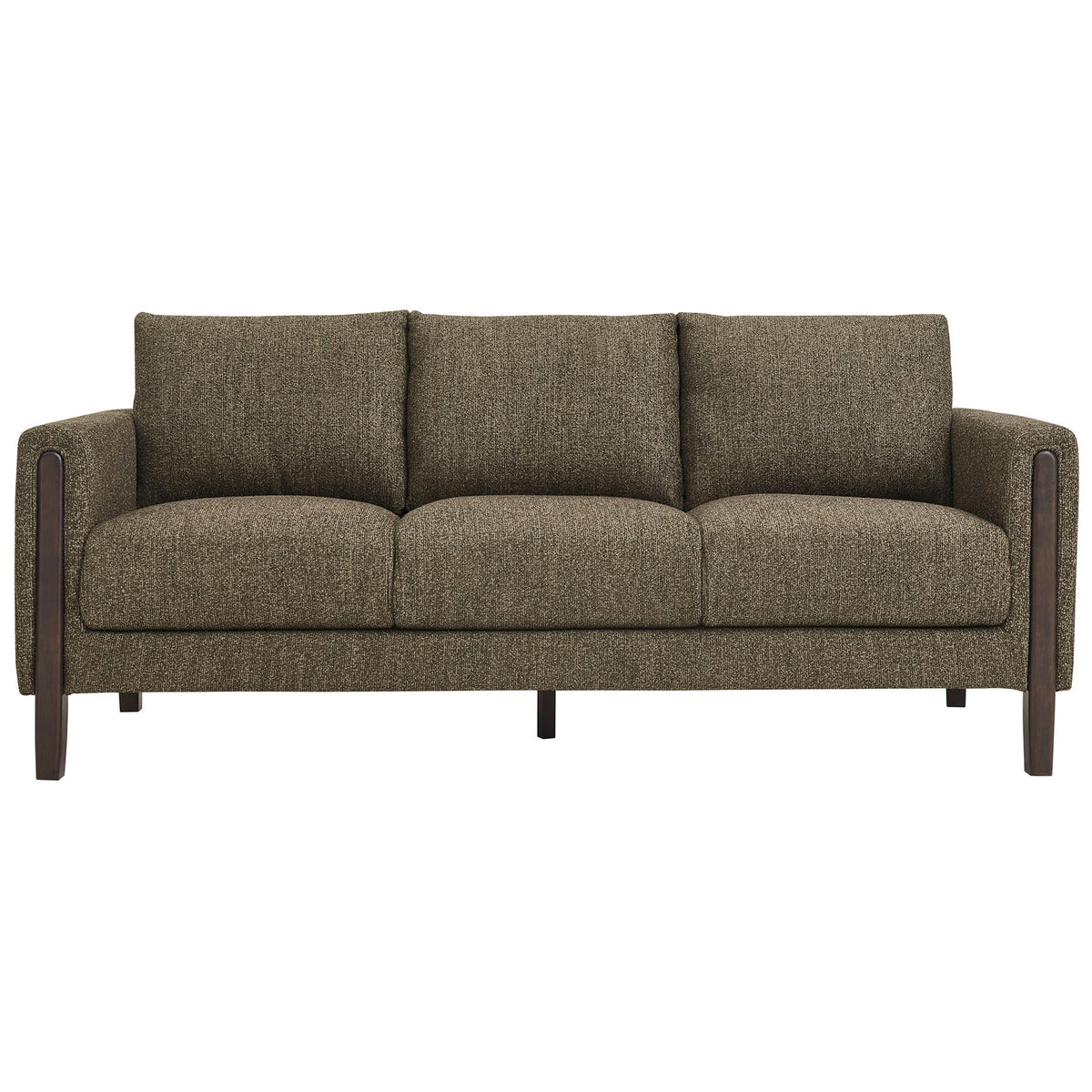 Antique espresso boucle sofa with three box seat cushions and tall, supportive back pillows || EEI-7461-ATQ-ESP || front_studio