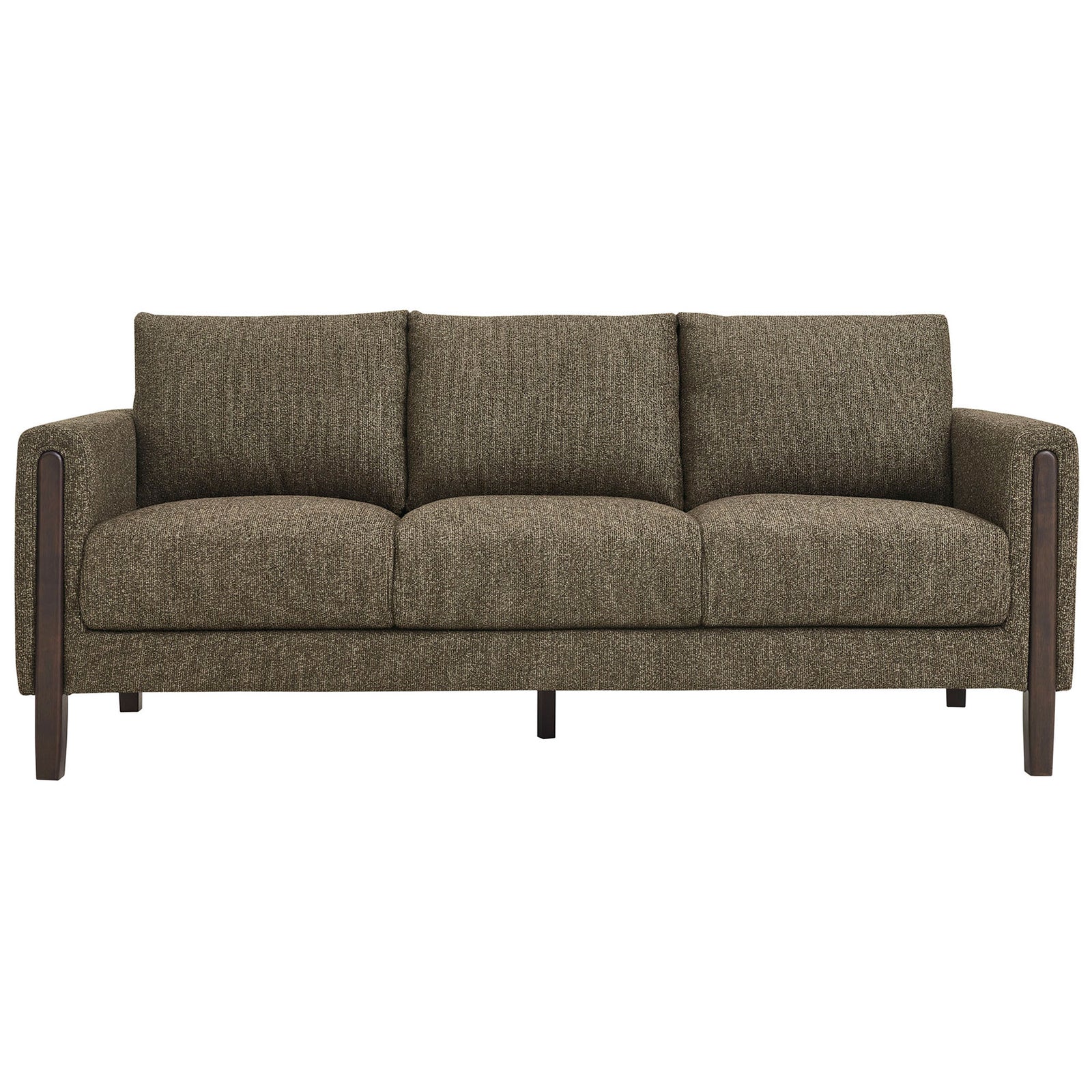 Antique espresso boucle sofa with three box seat cushions and tall, supportive back pillows || EEI-7461-ATQ-ESP || front_studio