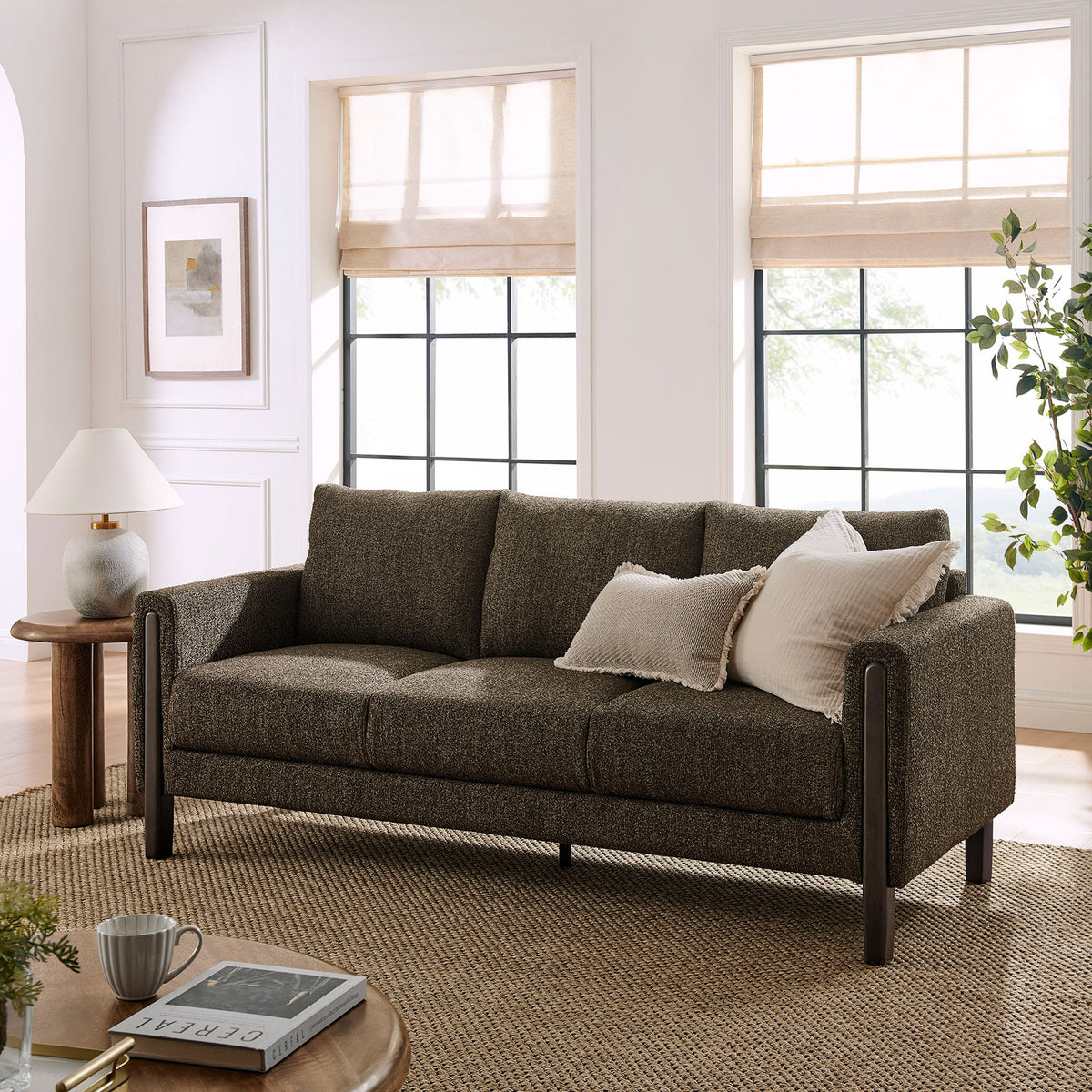 Antique espresso boucle sofa anchoring a bright living room with neutral accents and cozy layered textures || EEI-7461-ATQ-ESP || front_angle_room