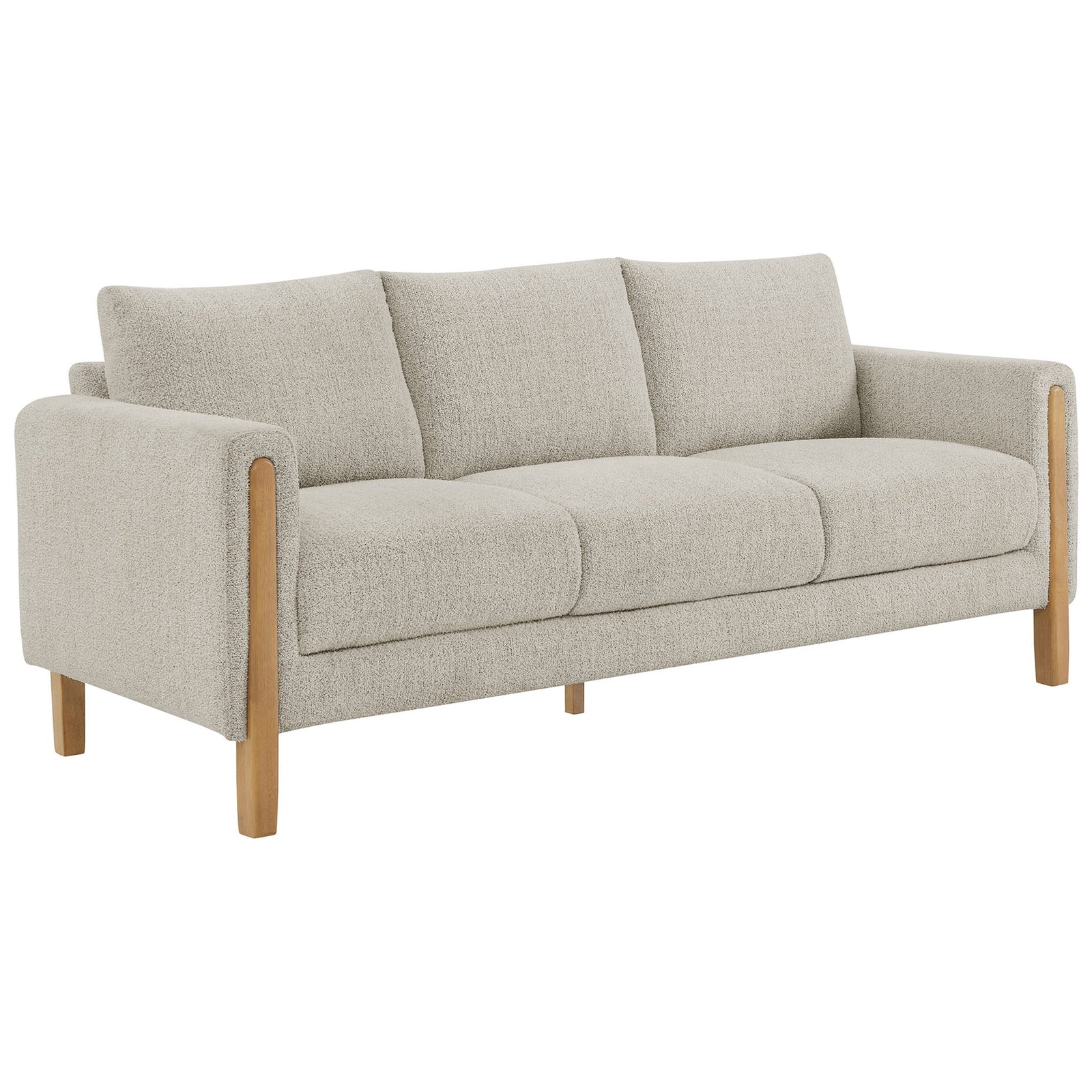 Hawken parchment boucle sofa with three plush cushions and warm beech wood legs || EEI-7461-PCH-BEE || front_angle_studio