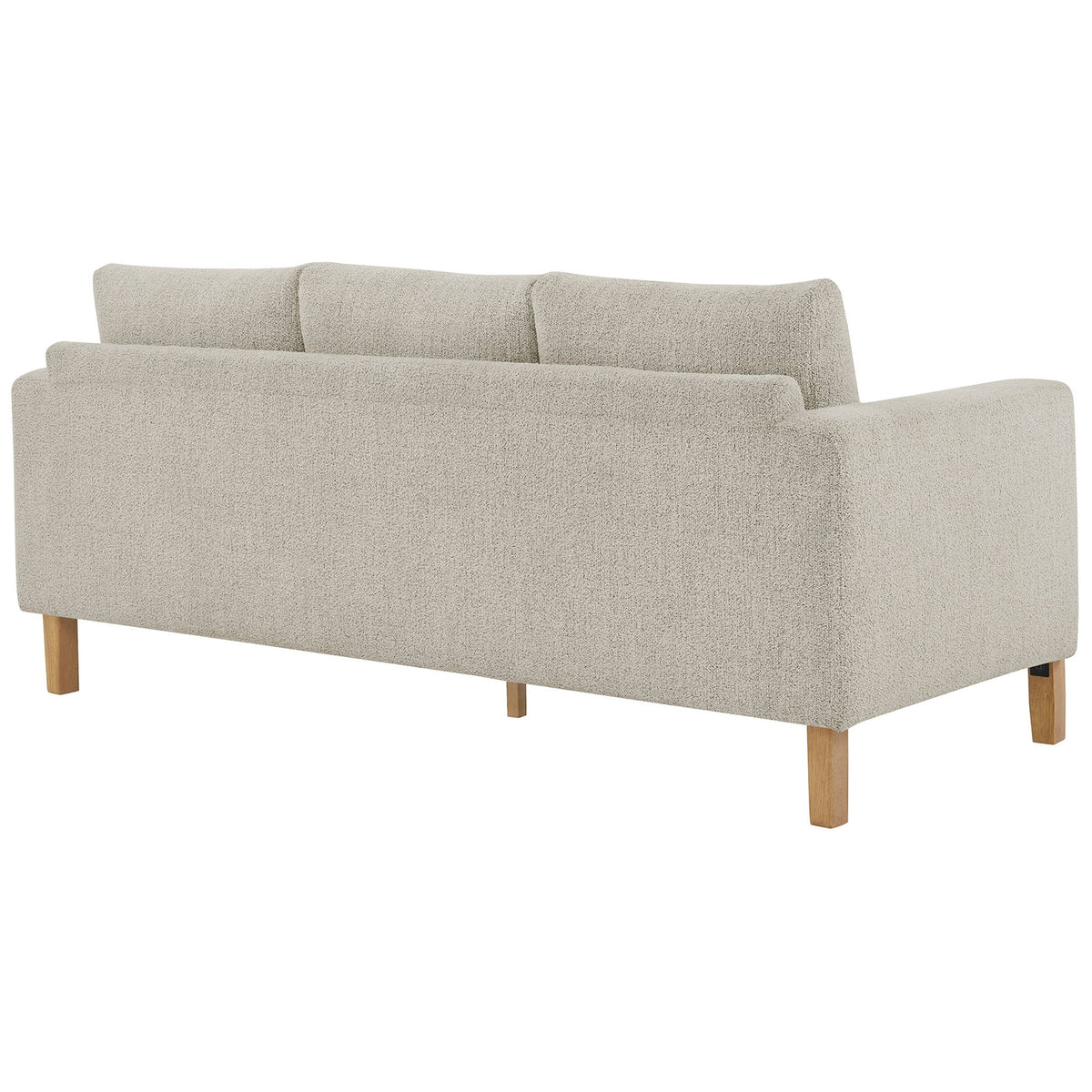 Clean back view of the Hawken sofa showcasing smooth boucle fabric and sturdy beech wood legs || EEI-7461-PCH-BEE || back_angle_studio