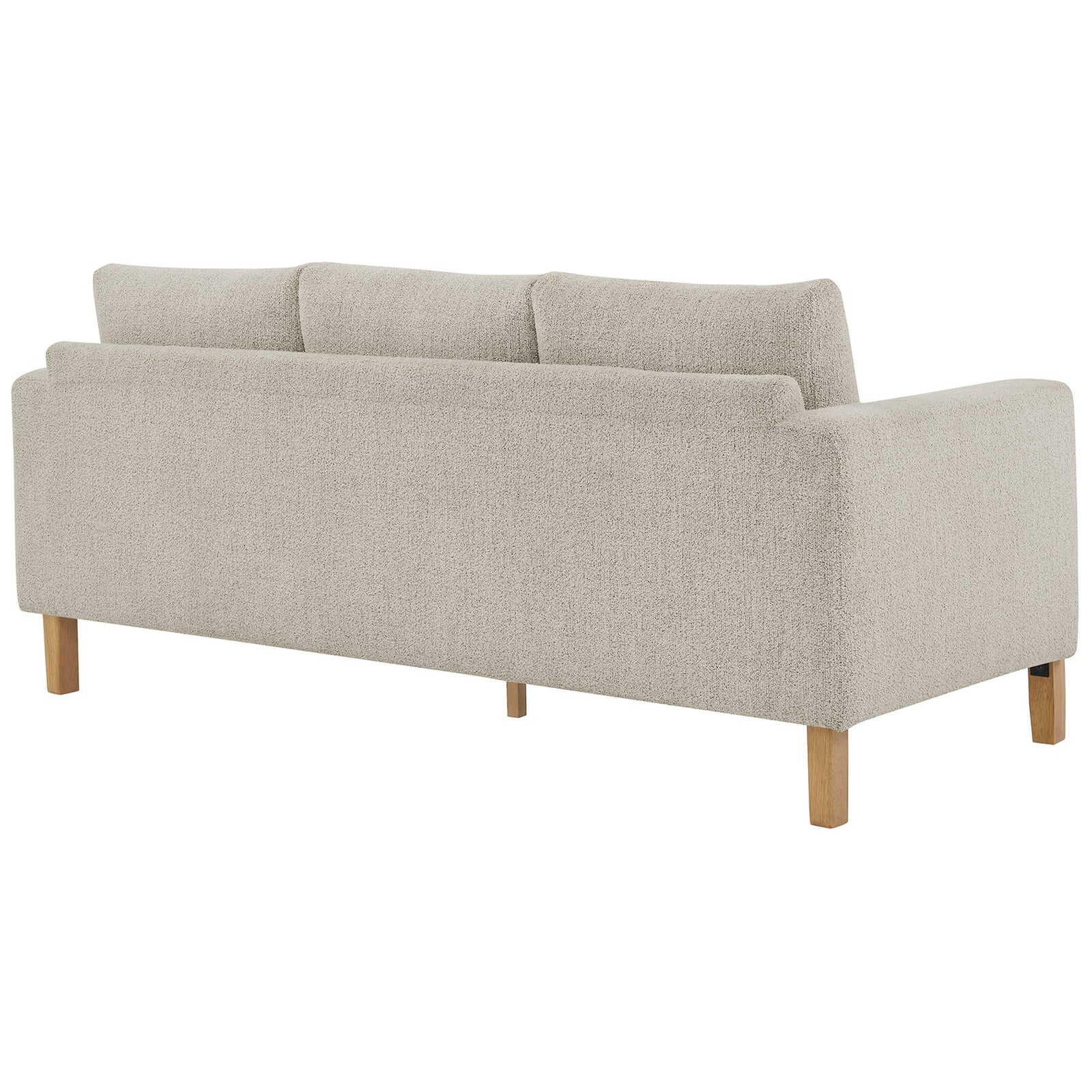 Clean back view of the Hawken sofa showcasing smooth boucle fabric and sturdy beech wood legs || EEI-7461-PCH-BEE || back_angle_studio
