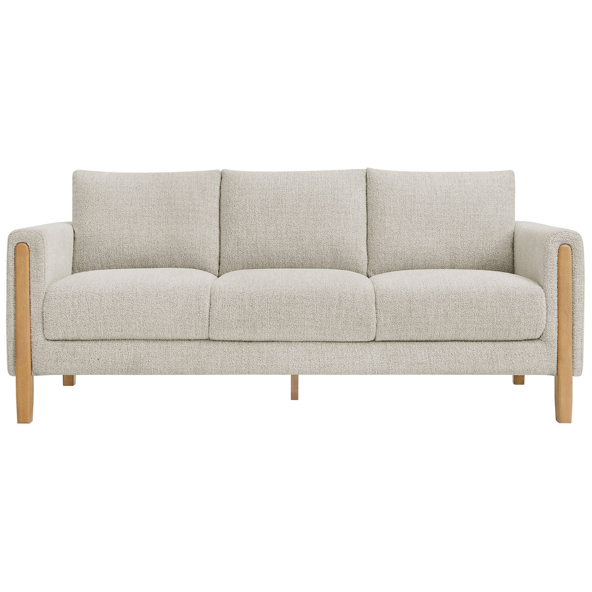 Front view of the Hawken boucle sofa with deep seat cushions and tailored modern lines || EEI-7461-PCH-BEE || front_studio