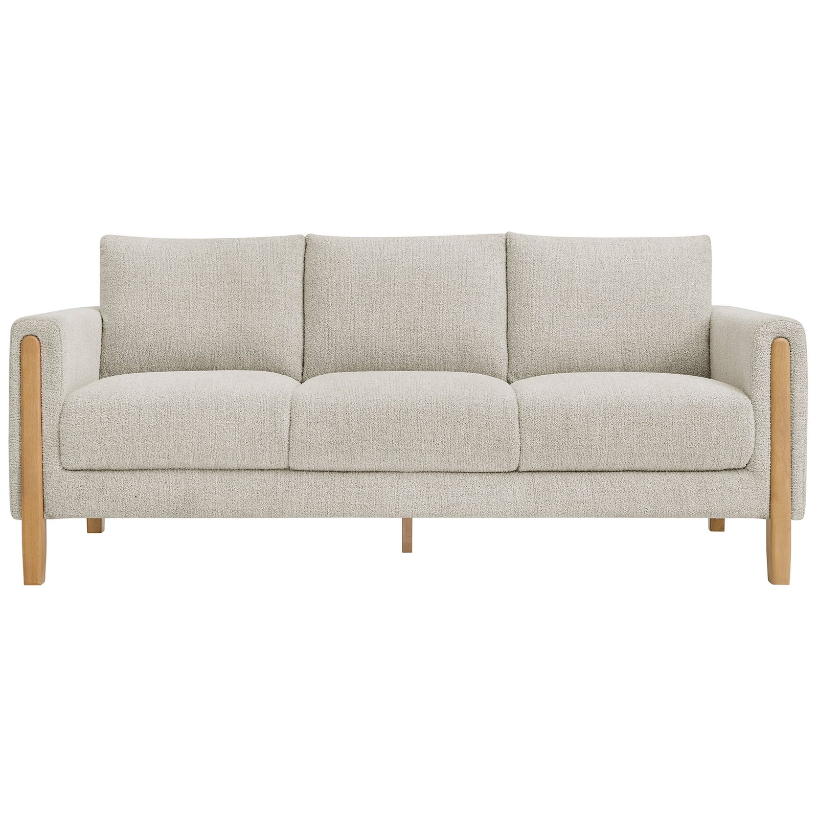 Front view of the Hawken boucle sofa with deep seat cushions and tailored modern lines || EEI-7461-PCH-BEE || front_studio