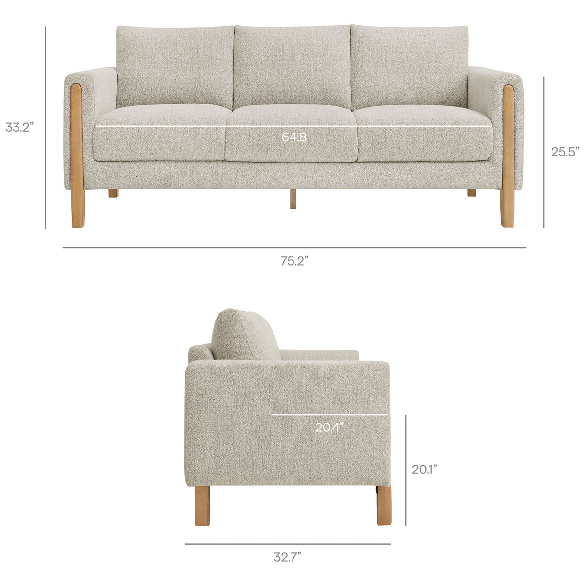 Sofa dimensions chart showing overall width, depth, height, and generous seating space measurements || EEI-7461-PCH-BEE || dimension_studio