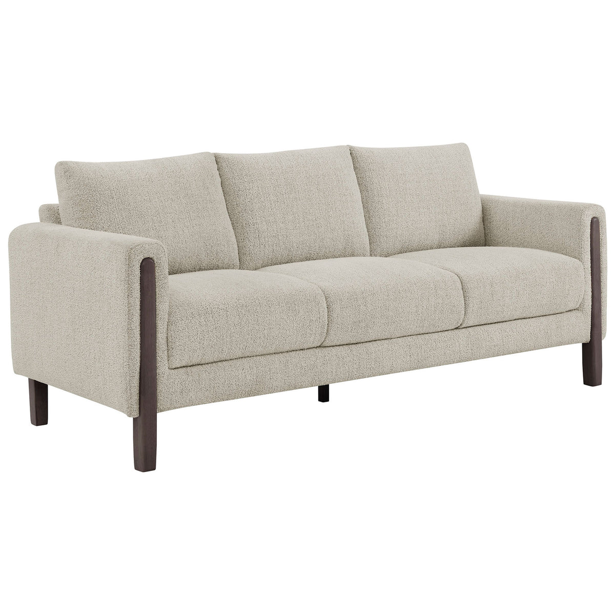 Curved-arm boucle sofa with deep seat cushions and rich espresso-finished wood legs || EEI-7461-PCH-ESP || front_angle_studio