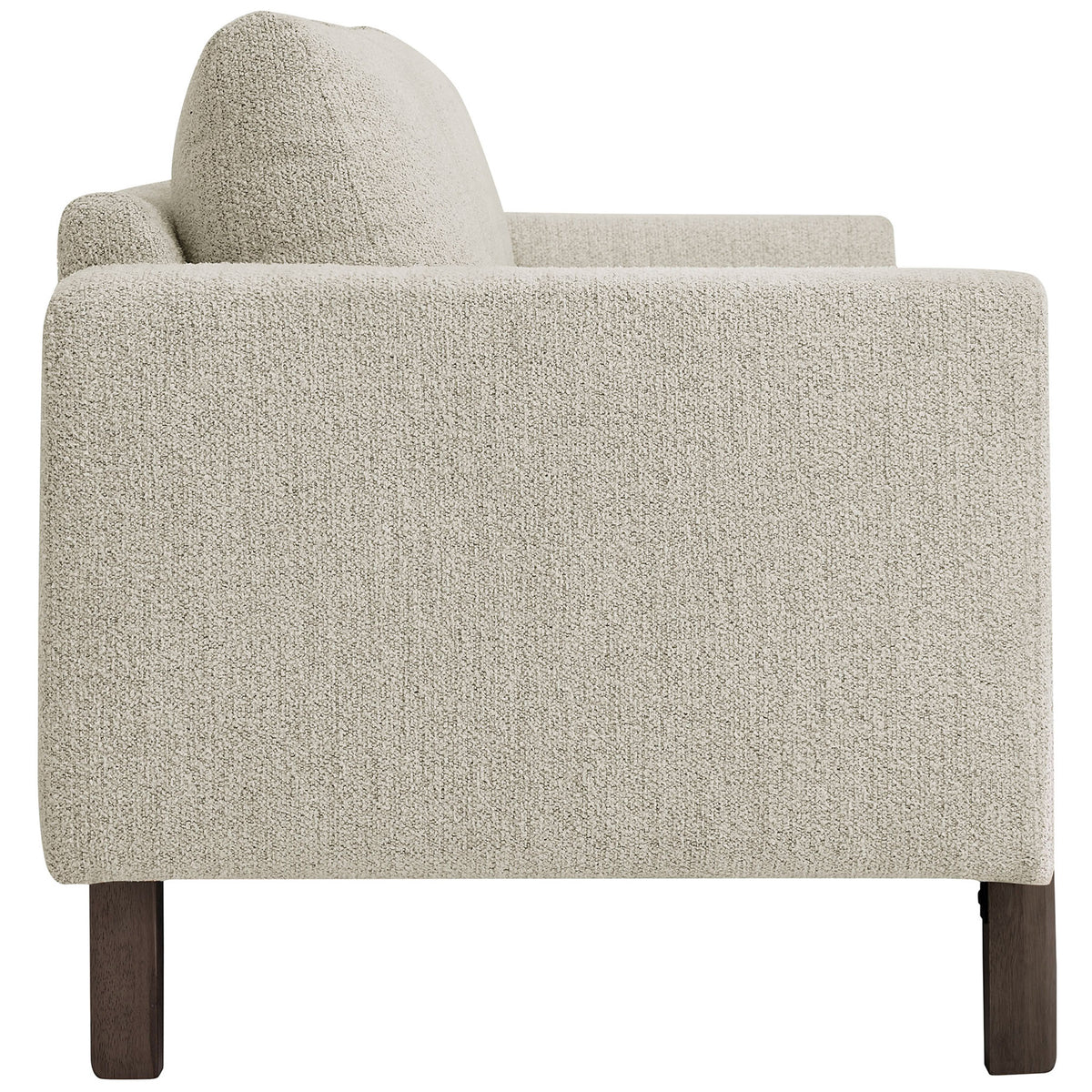 Slim profile of the boucle sofa highlighting plush back cushions and gently sloped arms || EEI-7461-PCH-ESP || side_studio