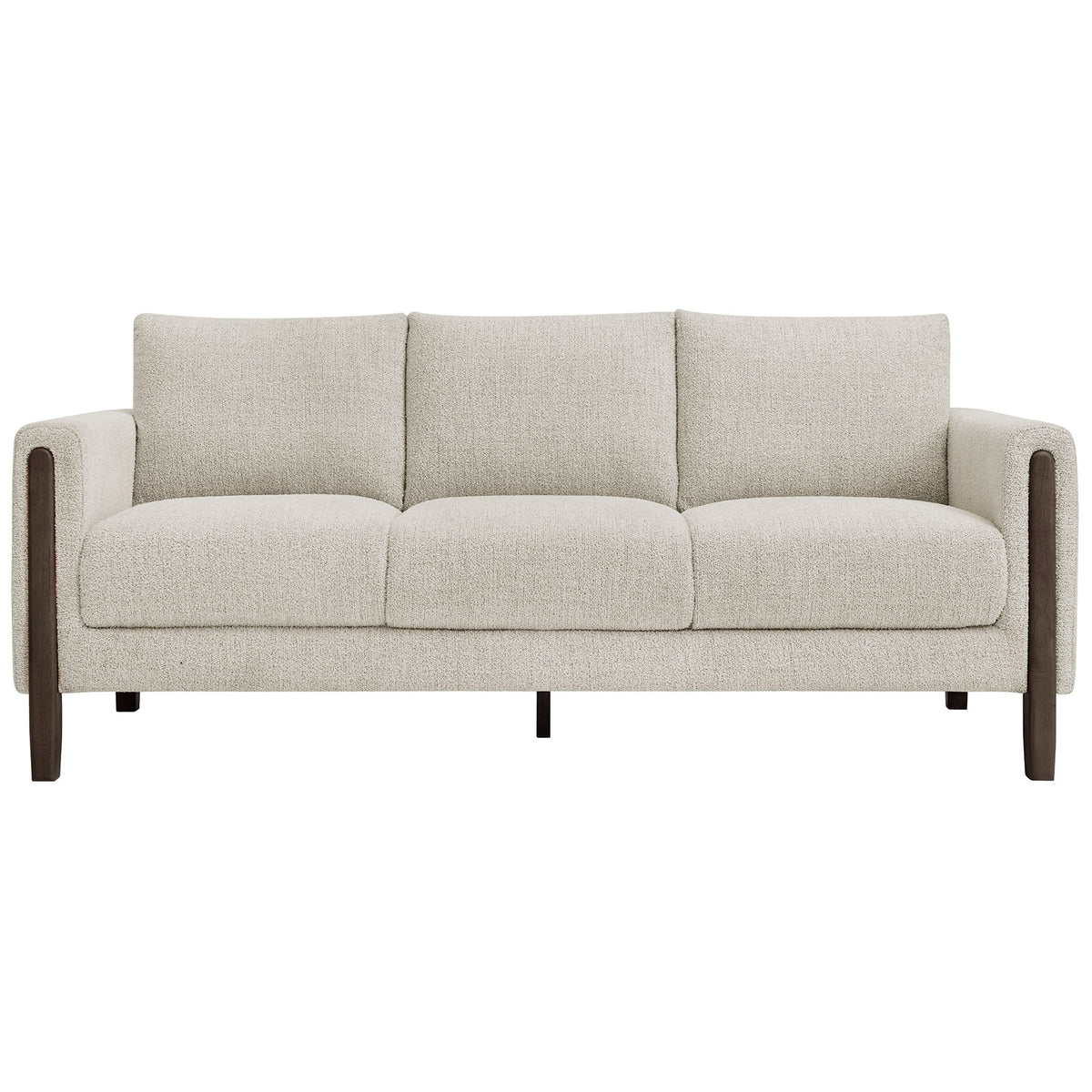 Parchment boucle three-seat sofa with clean lines and espresso wood legs for inviting comfort || EEI-7461-PCH-ESP || front_studio