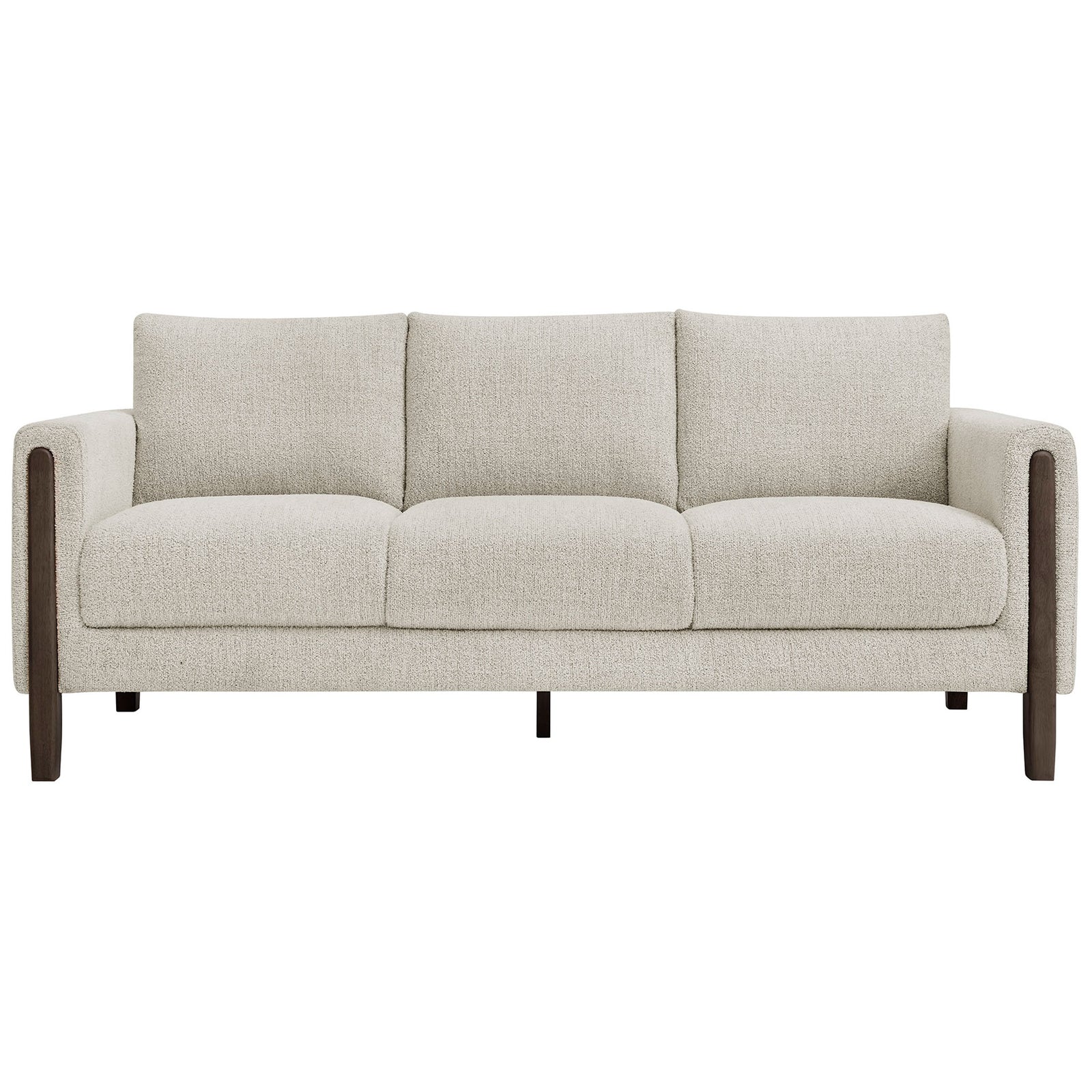 Parchment boucle three-seat sofa with clean lines and espresso wood legs for inviting comfort || EEI-7461-PCH-ESP || front_studio