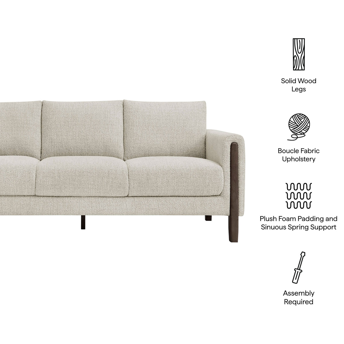 Boucle sofa with wood legs, plush foam cushions, and sinuous spring support for everyday lounging || EEI-7461-PCH-ESP || callout_studio