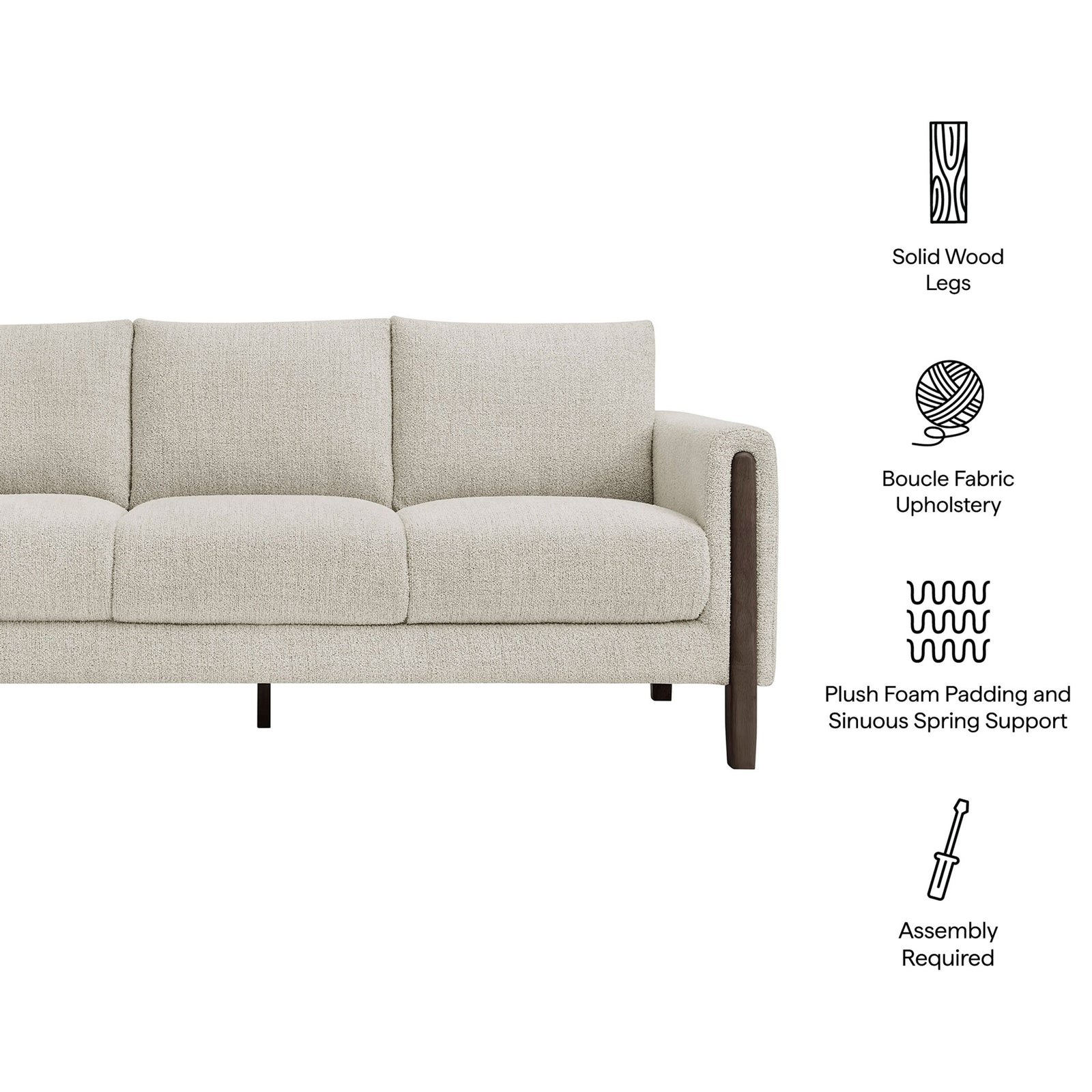 Boucle sofa with wood legs, plush foam cushions, and sinuous spring support for everyday lounging || EEI-7461-PCH-ESP || callout_studio