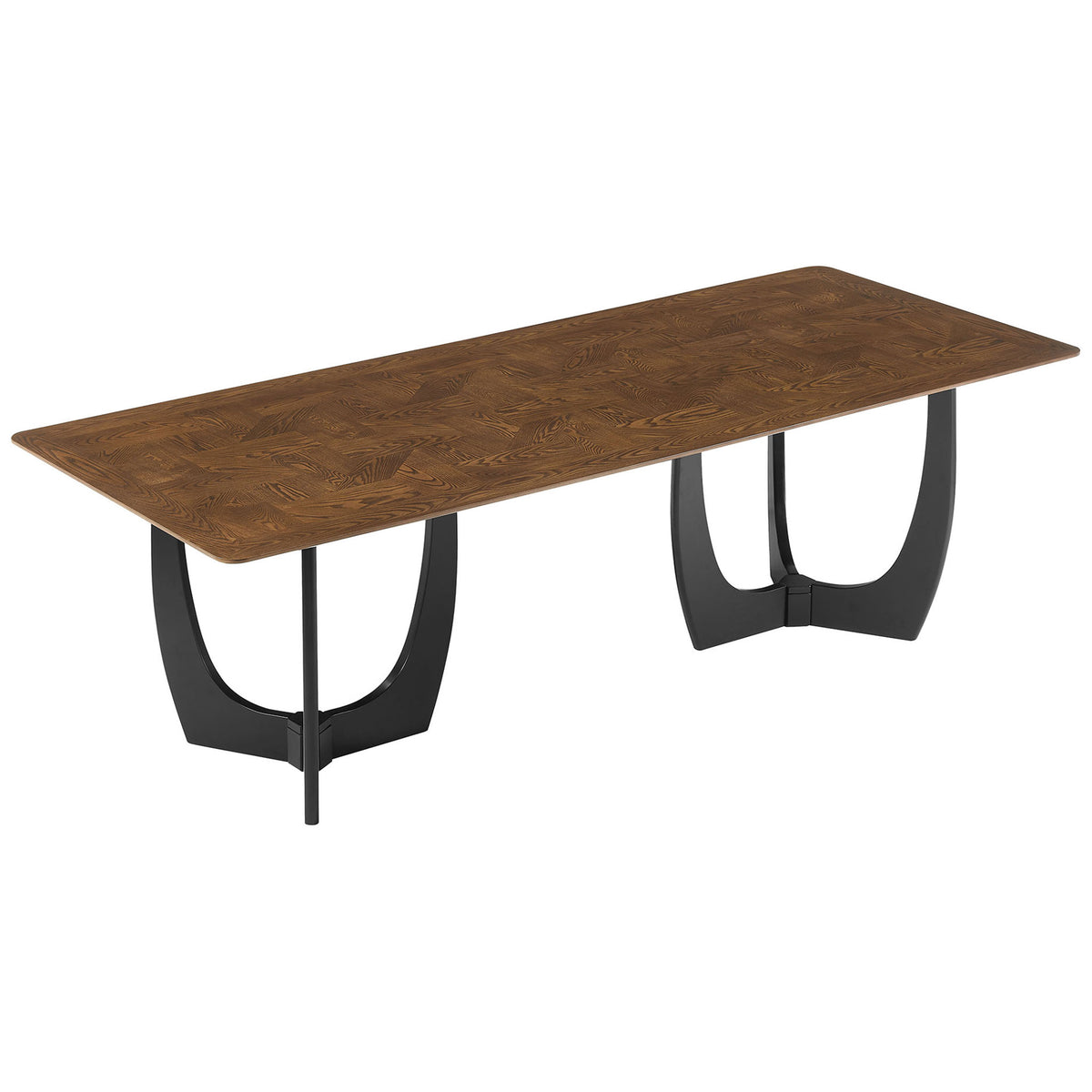 Long walnut dining table showcases its slim profile, rounded corners, and sculptural twin U-shaped supports. || EEI-7462-WAL || front_angle_studio