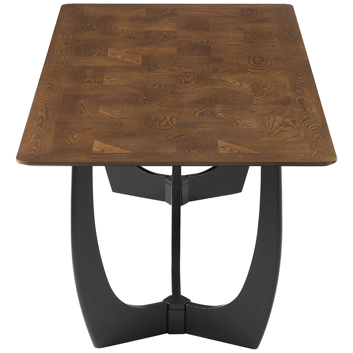Walnut dining table with angled wood grain top and bold black U-shaped base. || EEI-7462-WAL || side_studio
