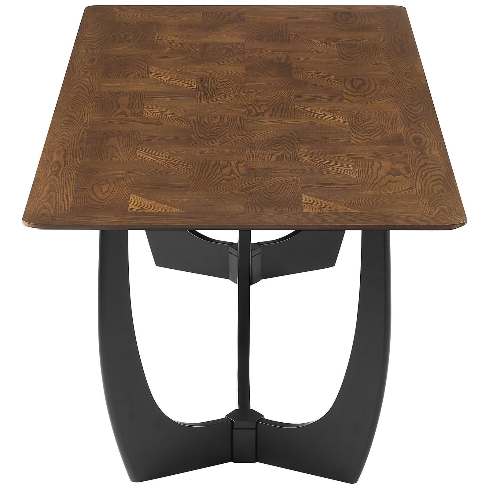 Walnut dining table with angled wood grain top and bold black U-shaped base. || EEI-7462-WAL || side_studio