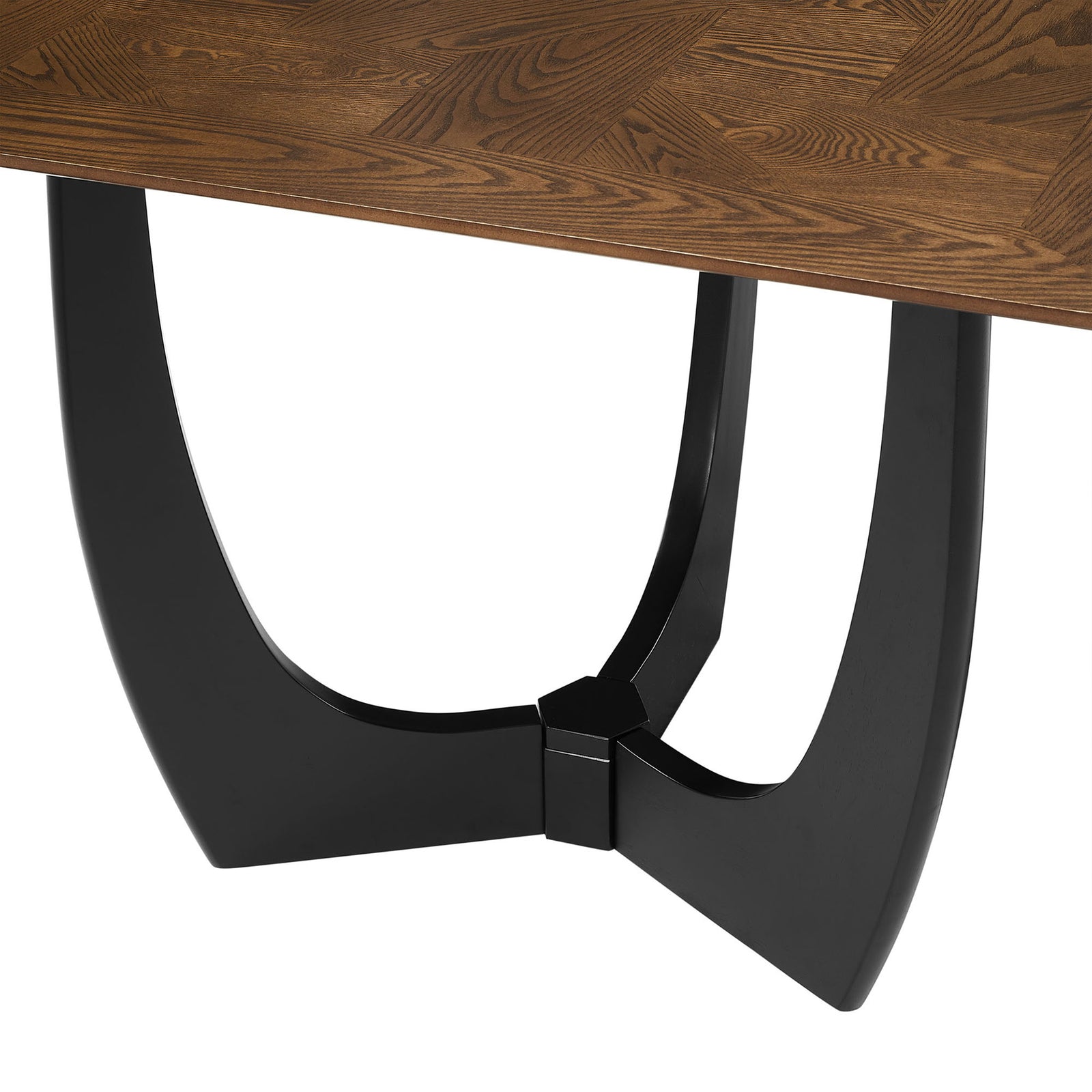 Black U-shaped pedestal base supports the walnut top with a striking modern silhouette and wide curved legs. || EEI-7462-WAL || leg_studio