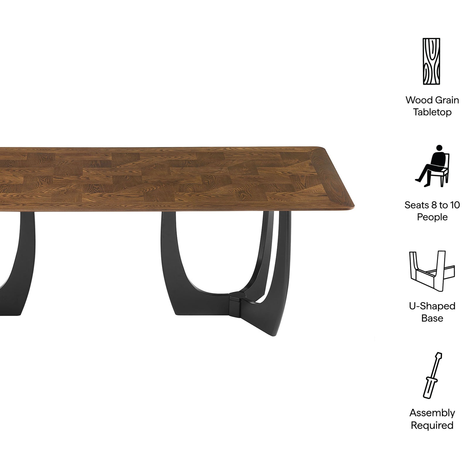 Feature overview of the Wrenly walnut dining table with wood grain top, U-shaped base, and seating for 8 to 10. || EEI-7462-WAL || callout_studio