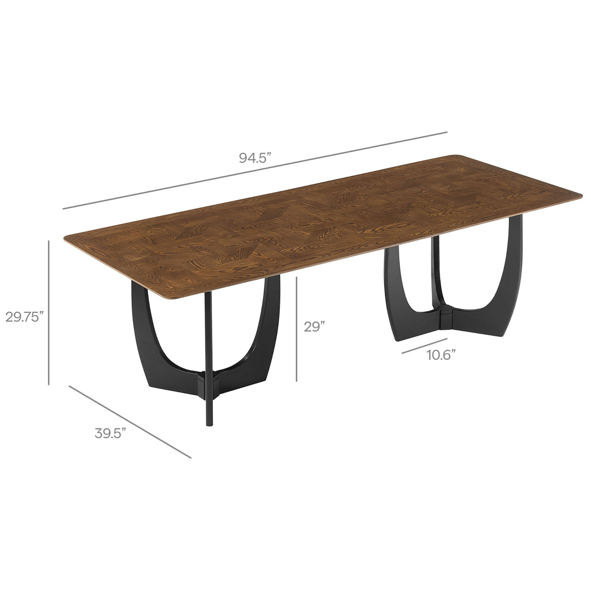 Dimension diagram of the Wrenly walnut dining table showing overall length, width, and height measurements. || EEI-7462-WAL || dimension_studio