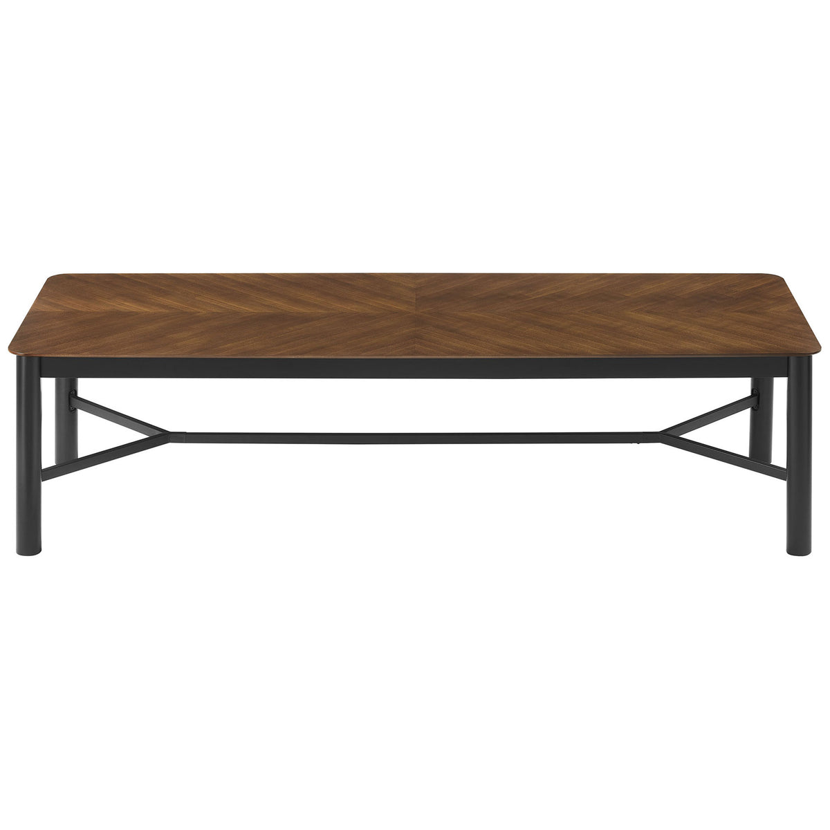 Walnut chevron dining table with sturdy black X-stretcher base and rounded corners || EEI-7463-WAL || front_studio