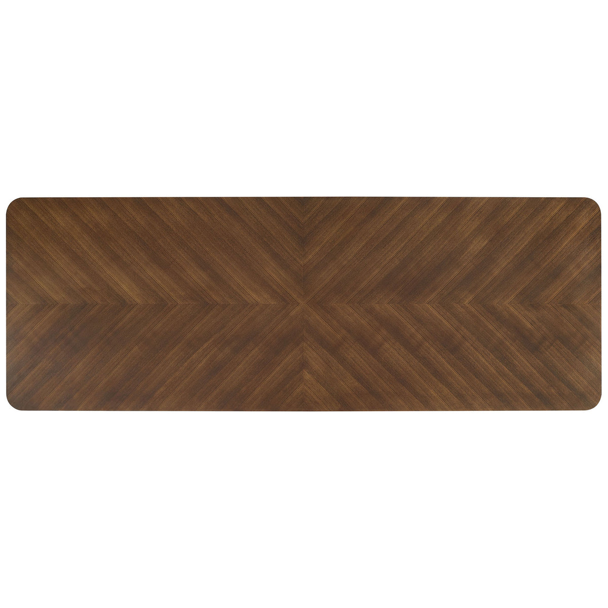 Overhead view of walnut chevron tabletop with softly rounded rectangle shape || EEI-7463-WAL || top_studio