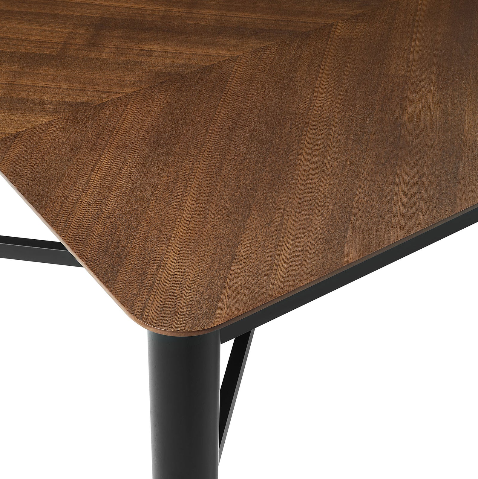 Detail of walnut chevron tabletop and rounded edge on modern dining table || EEI-7463-WAL || detail_studio