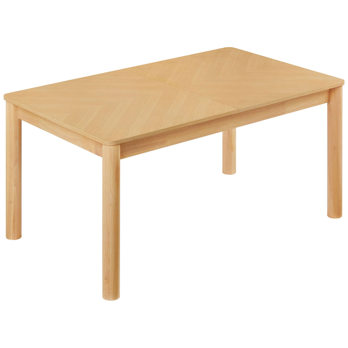Versatile oak dining table combines clean lines with a chevron-patterned top and rounded wood legs. || EEI-7464-OAK || front_angle_studio
