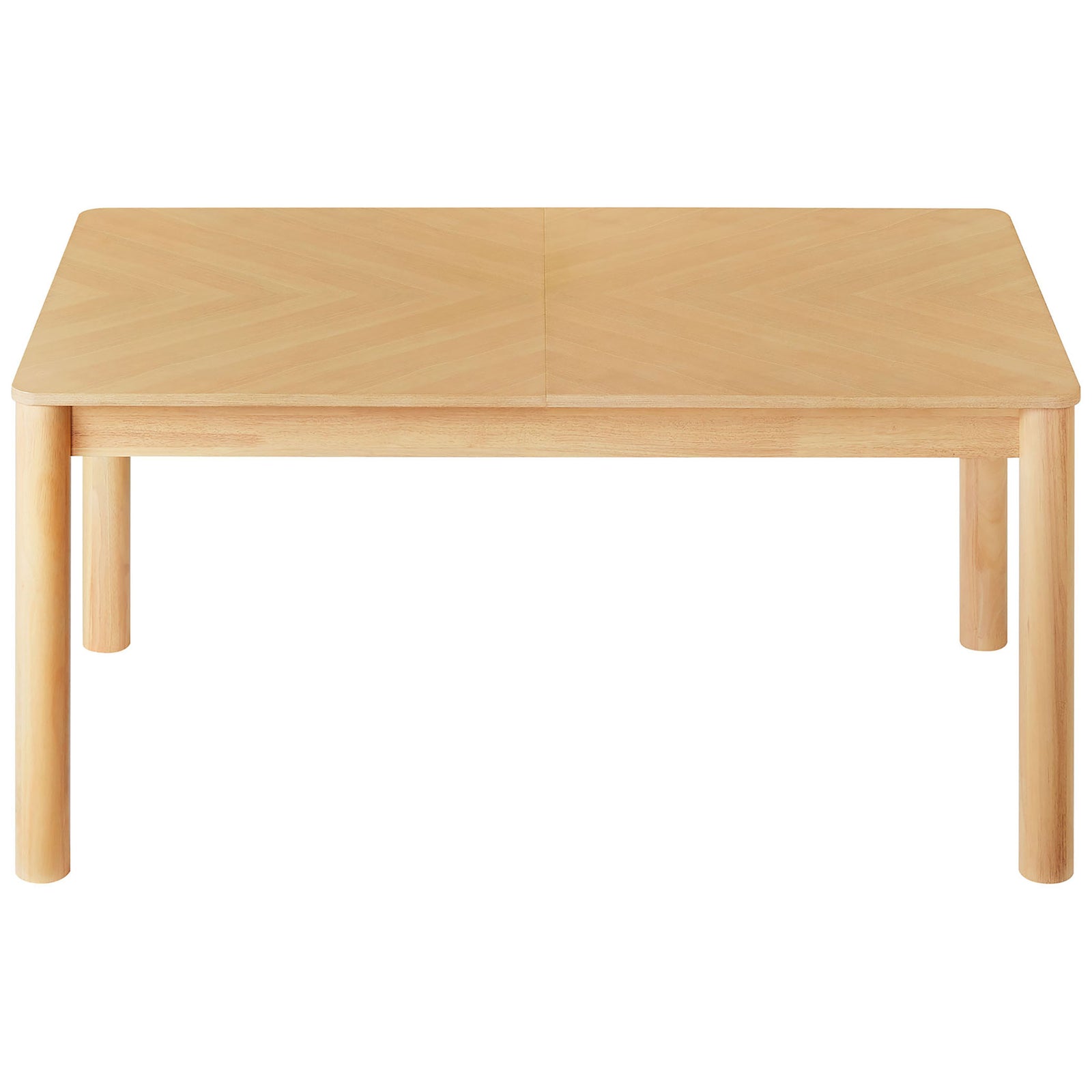 Oak extendable dining table with chevron veneer top and rounded legs for a relaxed modern look. || EEI-7464-OAK || front_studio