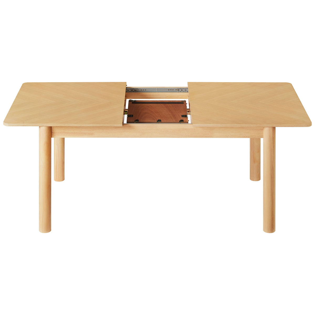 Extendable dining table slides apart to reveal a hidden self-storing leaf mechanism in warm oak. || EEI-7464-OAK || front_open_studio