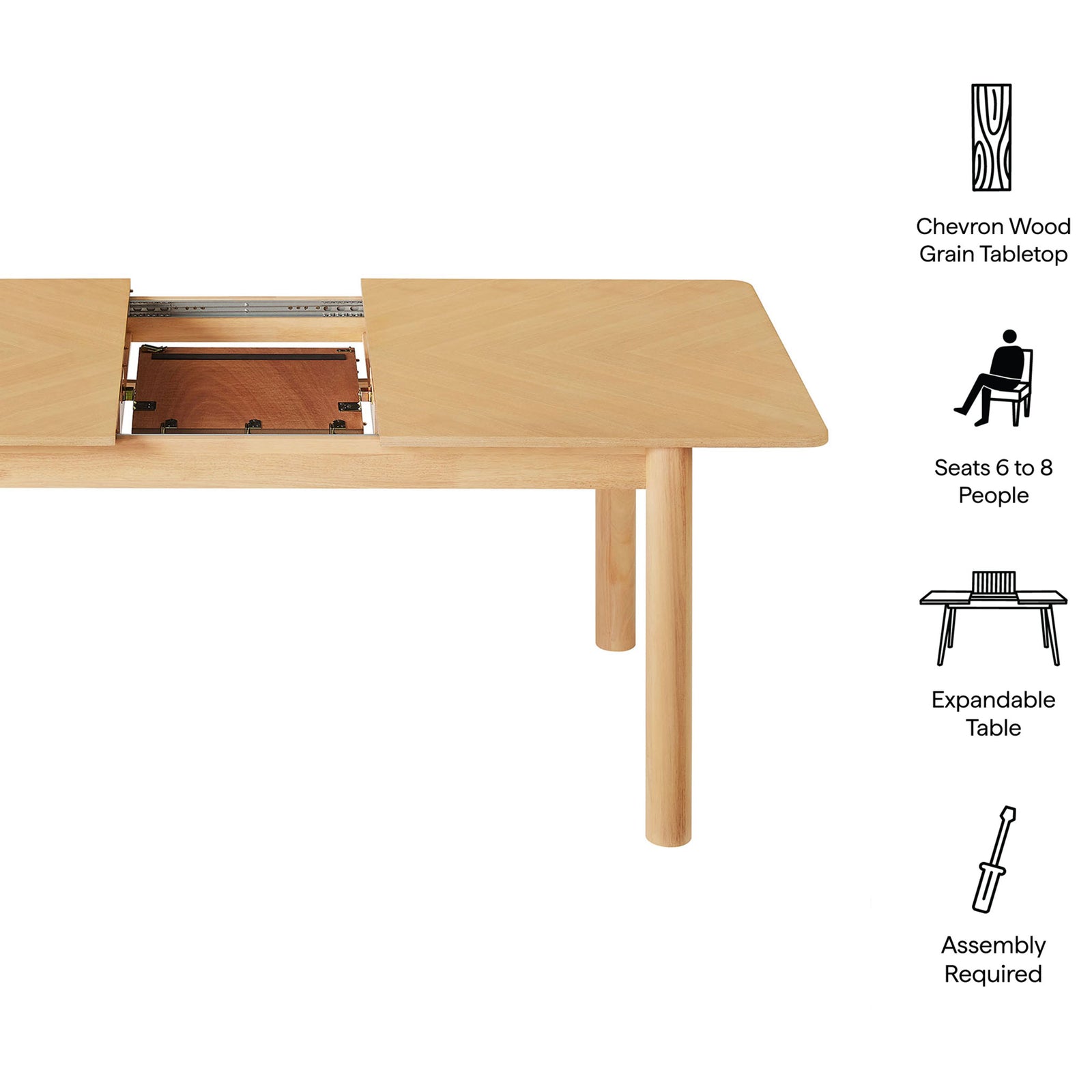 Feature graphic highlighting chevron tabletop, 6 to 8 person seating, expandable design, and assembly needs. || EEI-7464-OAK || callout_studio