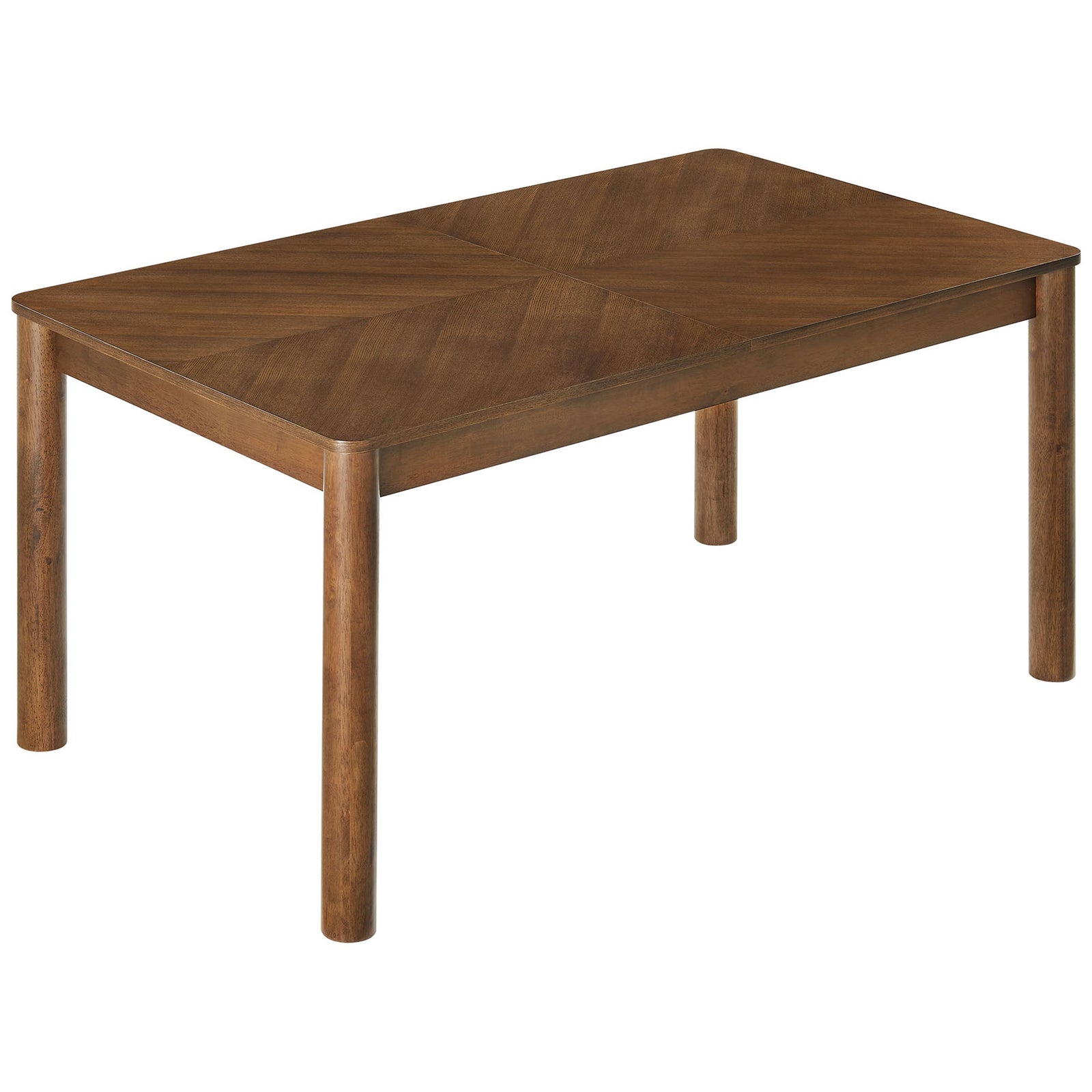 Clean-lined walnut dining table with chevron veneer tabletop and smoothly rounded wood legs || EEI-7464-WAL || front_angle_studio