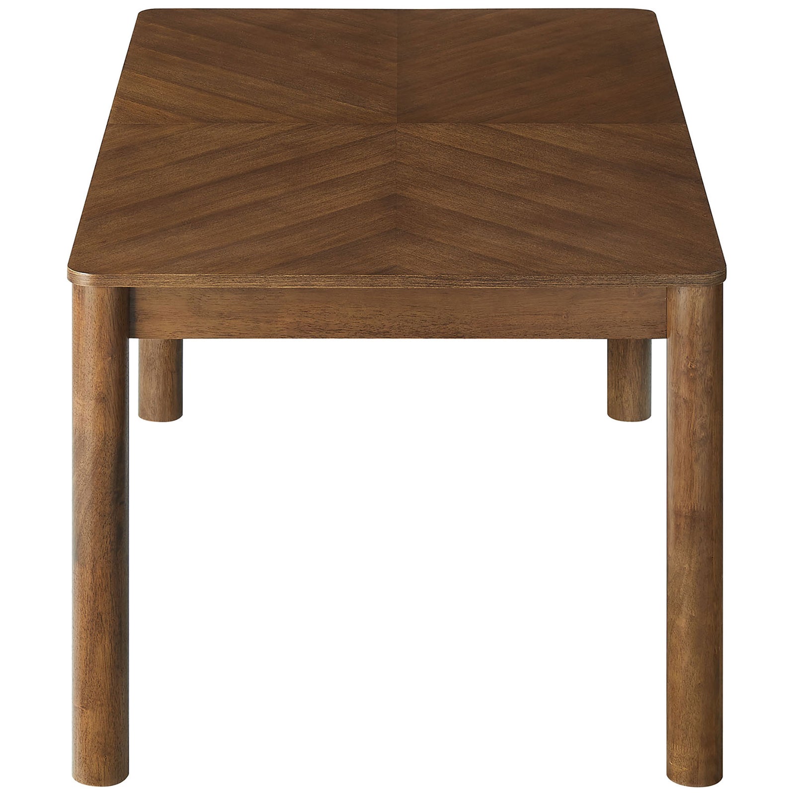 Slim tabletop profile and sturdy cylindrical legs give this walnut dining table a modern presence || EEI-7464-WAL || side_studio