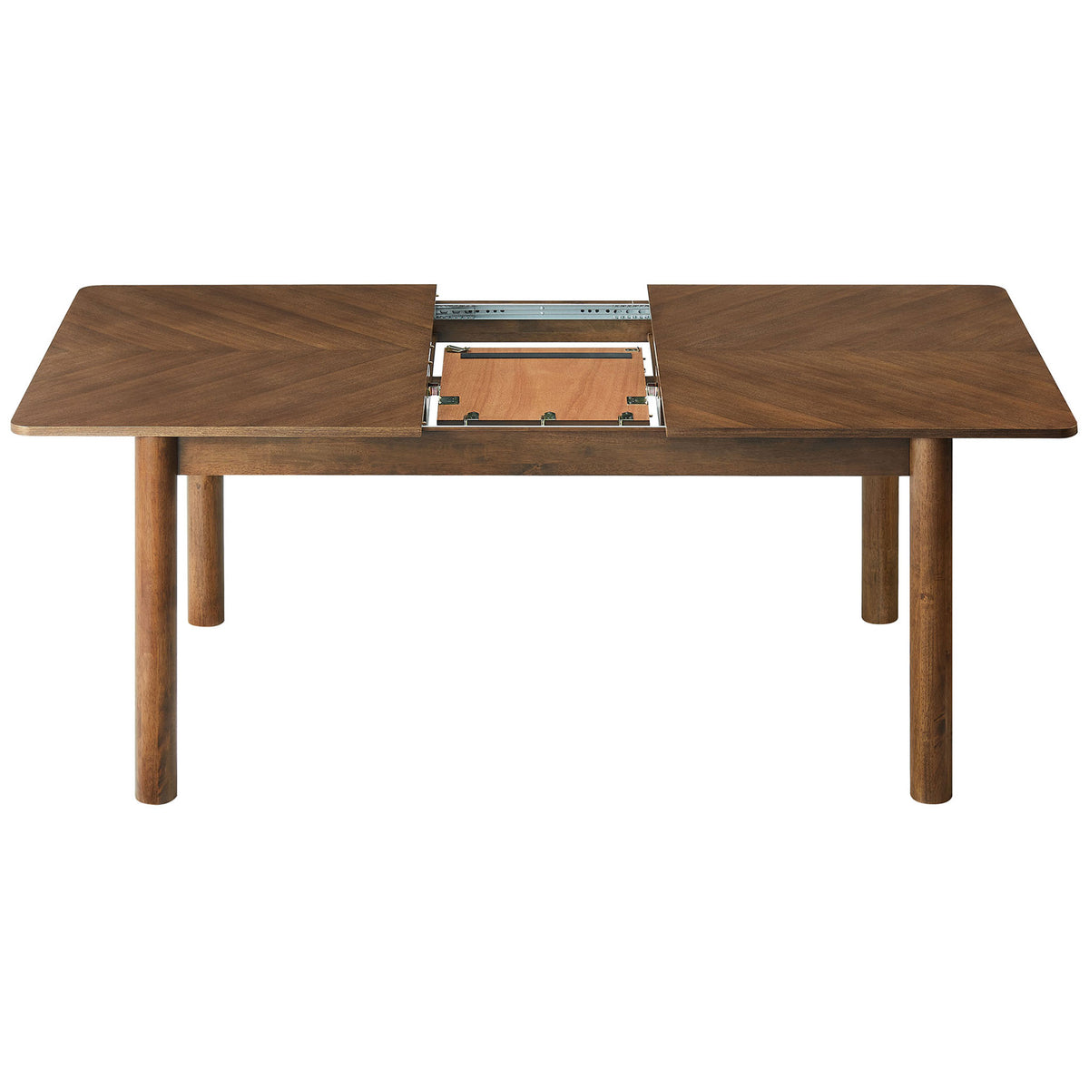 Built-in extension system opens the tabletop to reveal a neatly stored butterfly leaf inside || EEI-7464-WAL || front_open_studio