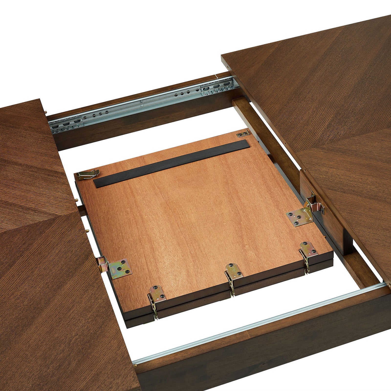 Self-storing extension leaf and smooth metal glides are revealed within the table frame || EEI-7464-WAL || storage_open_studio